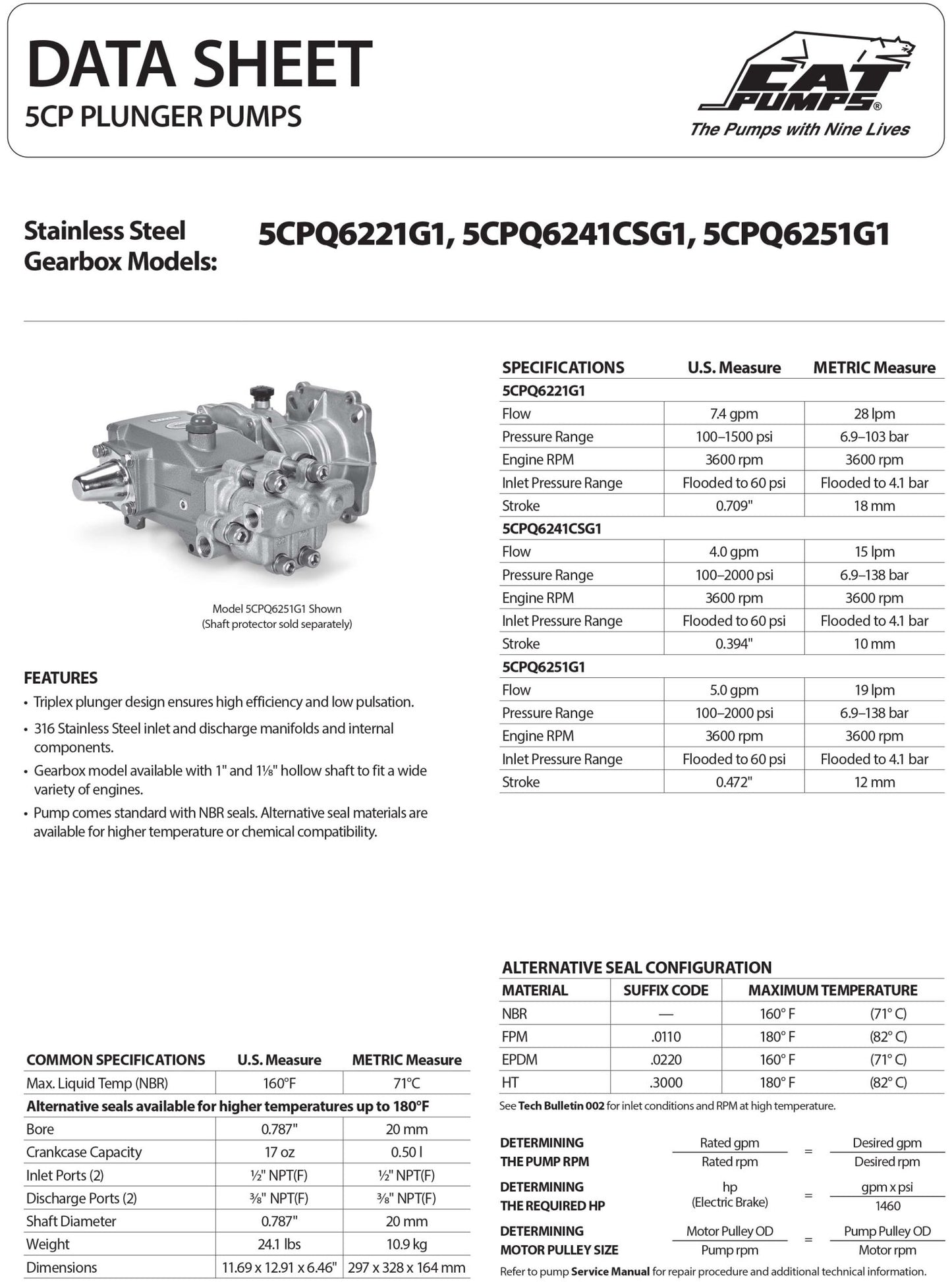 5CPQ6221G1.0220 CAT Pumps Quiet 5 - Frame Plunger Pump Direct Drive integral Gearbox with a 1 - inch input shaft size 316 Stainless Steel Right - Hand shaft rotation Block - style manifold 7.4 GPM 1,500 PSI EPDM Seals - Hydrocomponents & Technologies Inc.