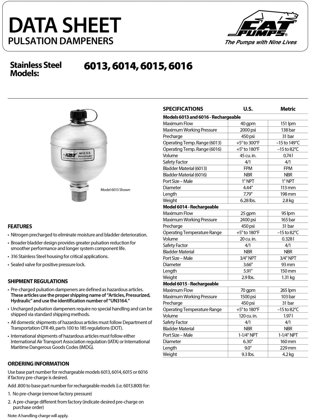 6014.800 CAT Pumps Pulsation Dampener Pre - Charged Stainless Steel Buna - N (NBR/Nitrile Butadiene Rubber) 25 GPM 2400 PSI - Hydrocomponents & Technologies Inc.