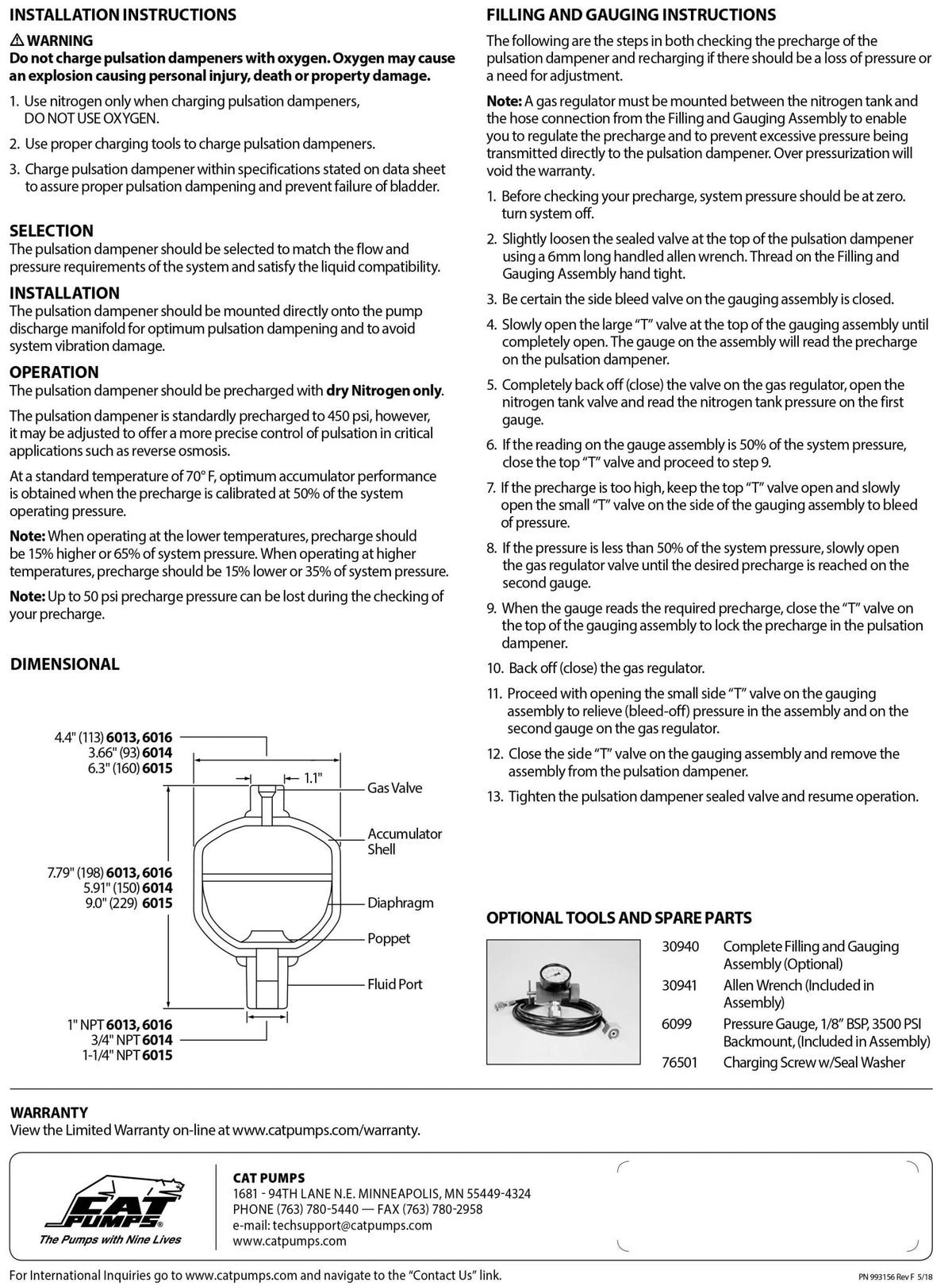 6014.800 CAT Pumps Pulsation Dampener Pre - Charged Stainless Steel Buna - N (NBR/Nitrile Butadiene Rubber) 25 GPM 2400 PSI - Hydrocomponents & Technologies Inc.