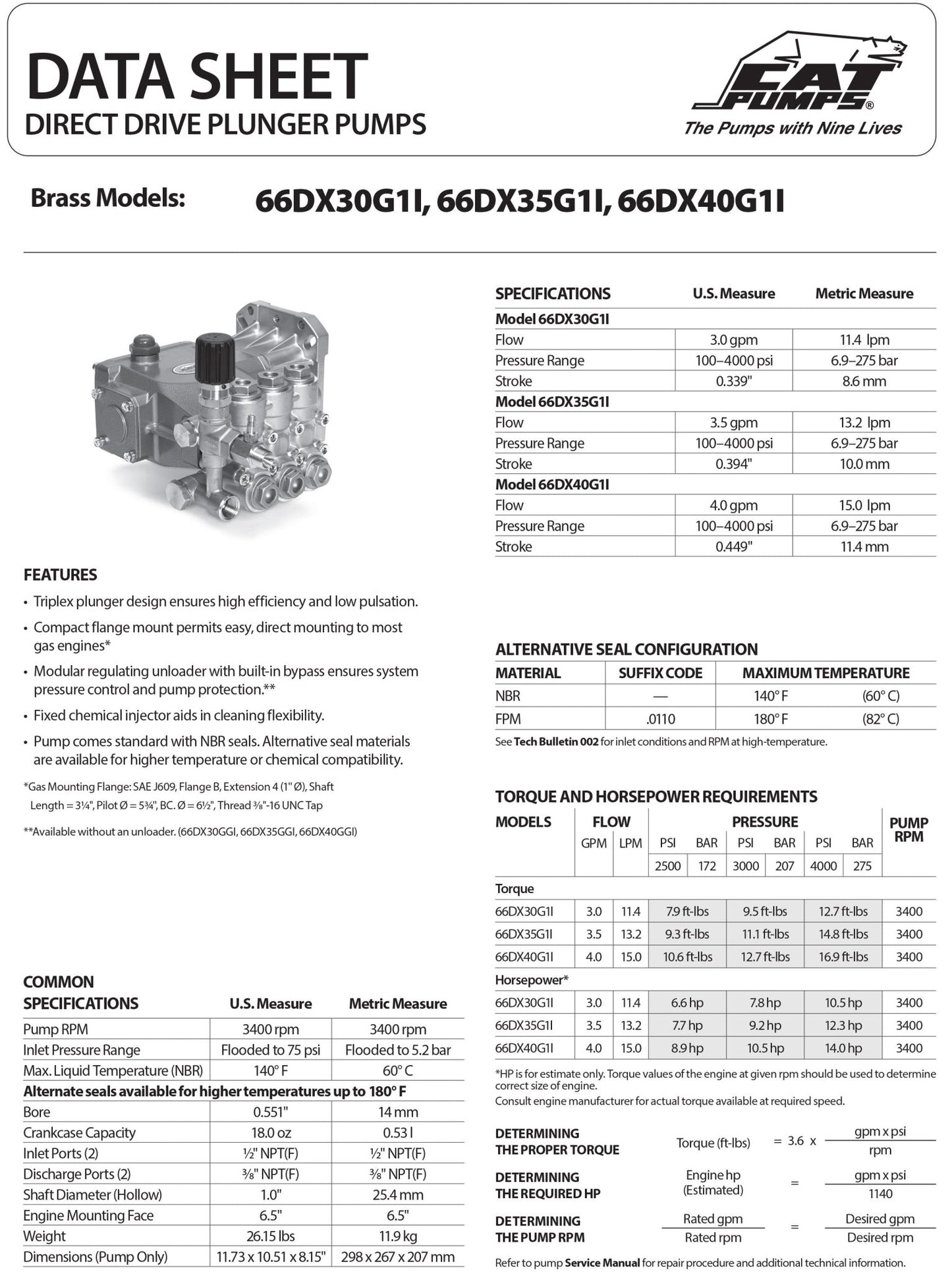 66DX40G1I CAT Pressure Washer Triplex Positive Displacement Plunger Pump 4.0 GPM 4000 PSI , 1 - inch Crankshaft Diameter , SAE J609 Gas Flange , Forged Brass Block - Hydrocomponents & Technologies Inc.