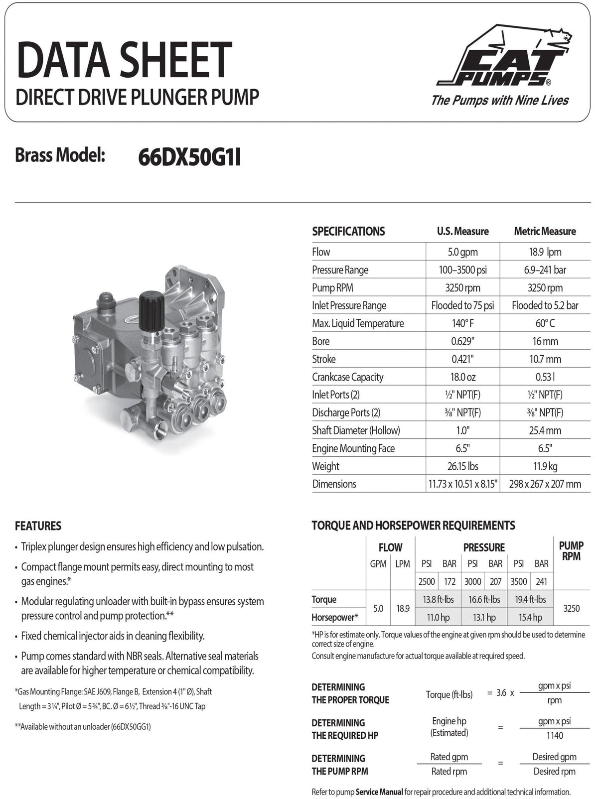 66DX50G1I Cat Pressure Washer Triplex Positive Displacement Pump 5GPM 3500PSI , Slides onto a 1 - inch Crankshaft Standard , SAE J609 Gas Flange , Forged Brass Block - Hydrocomponents & Technologies Inc.