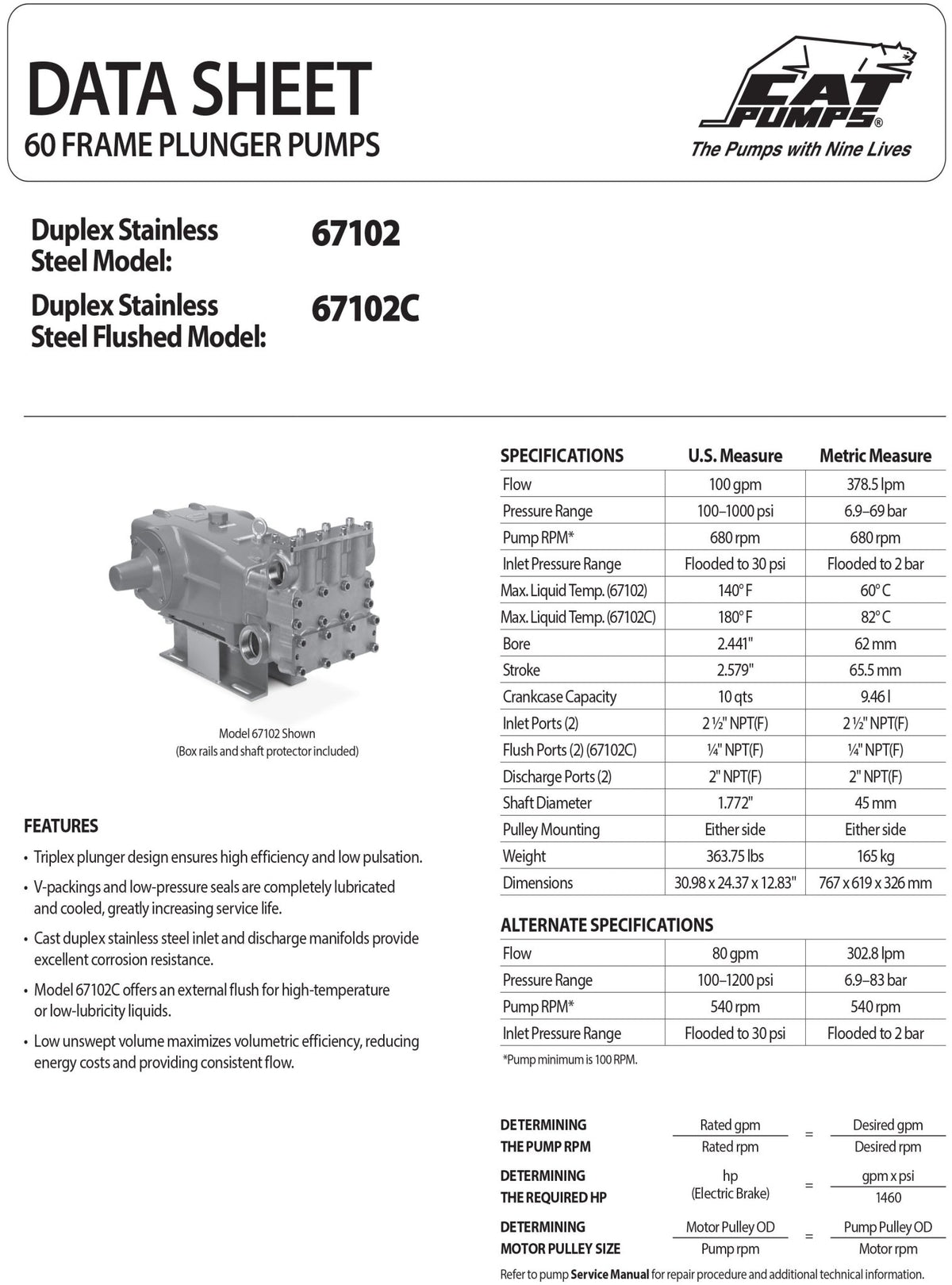 67102 Cat Plunger Pump, Flanged, Reverse , 100 GPM 1000 PSI , 60 Frame , Duplex Stainless Steel , R - Hydrocomponents & Technologies Inc.