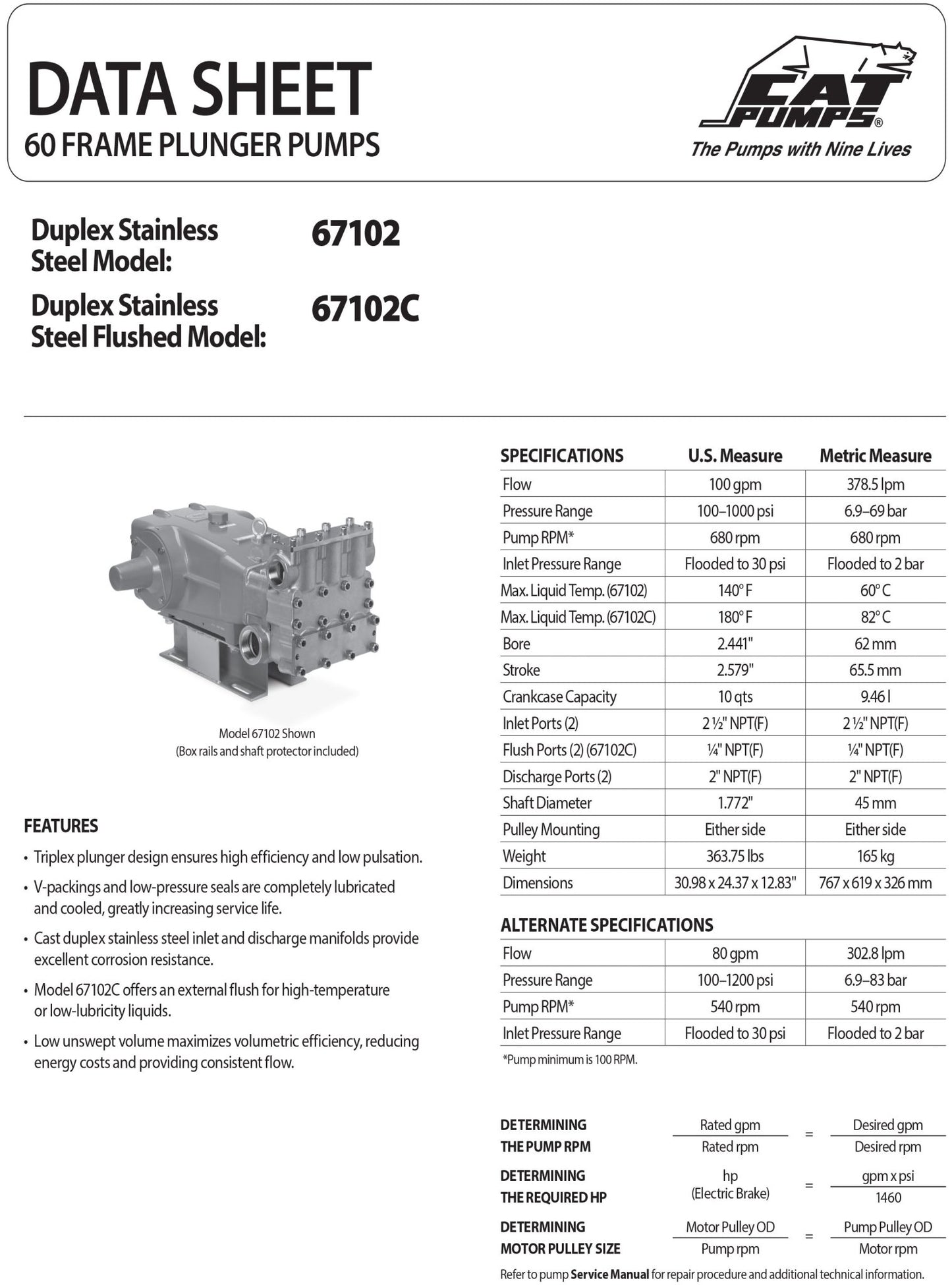 67102 Cat Plunger Pump, Flanged, Reverse , 100 GPM 1000 PSI , 60 Frame , Duplex Stainless Steel , R - Hydrocomponents & Technologies Inc.
