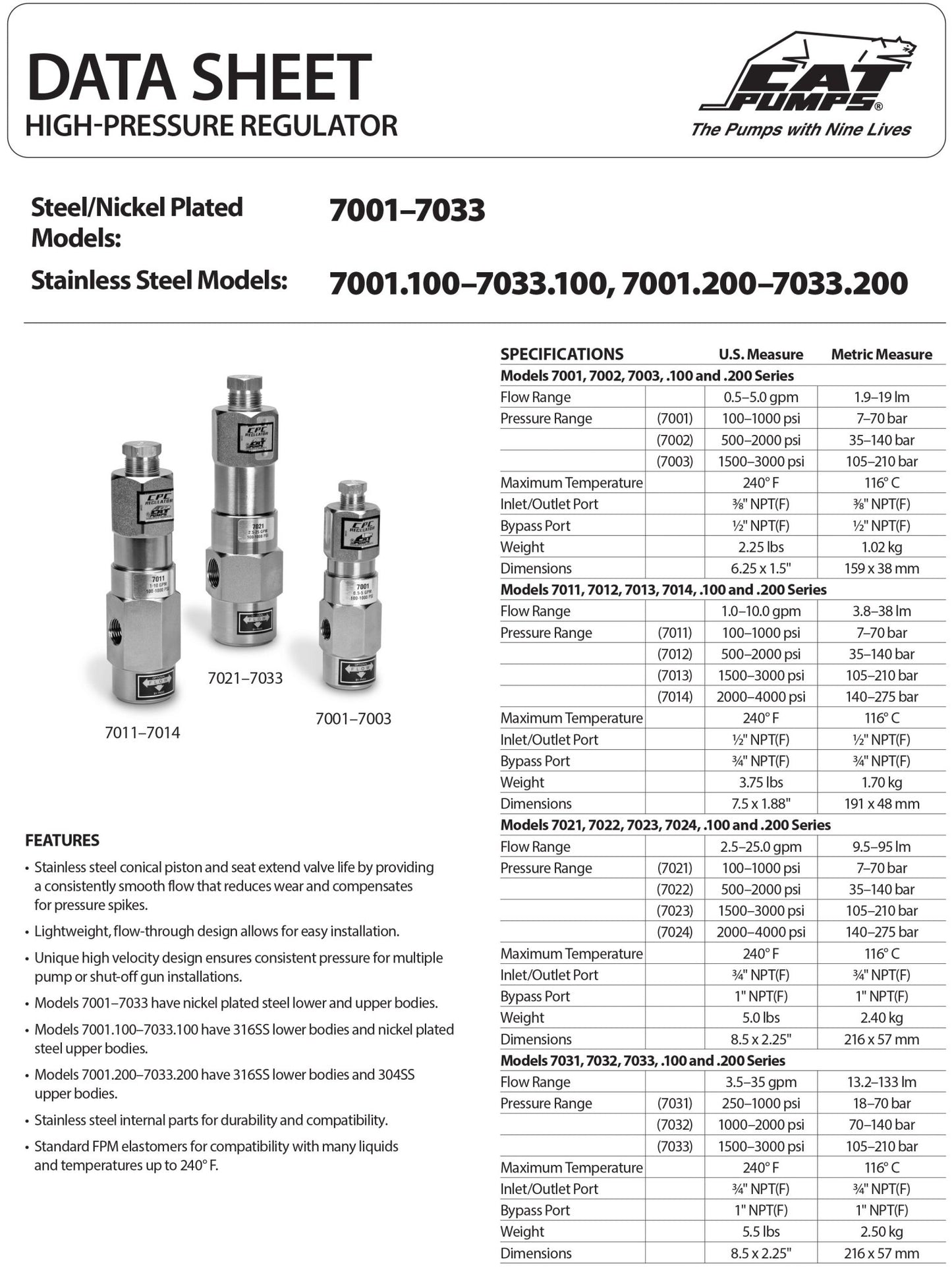 7022.200 CAT Pumps Pressure Regulator Chrome - Plated Stainless Steel Standard NBR (Buna - N) Seals & O - rings 25 GPM 2000 PSI - Hydrocomponents & Technologies Inc.