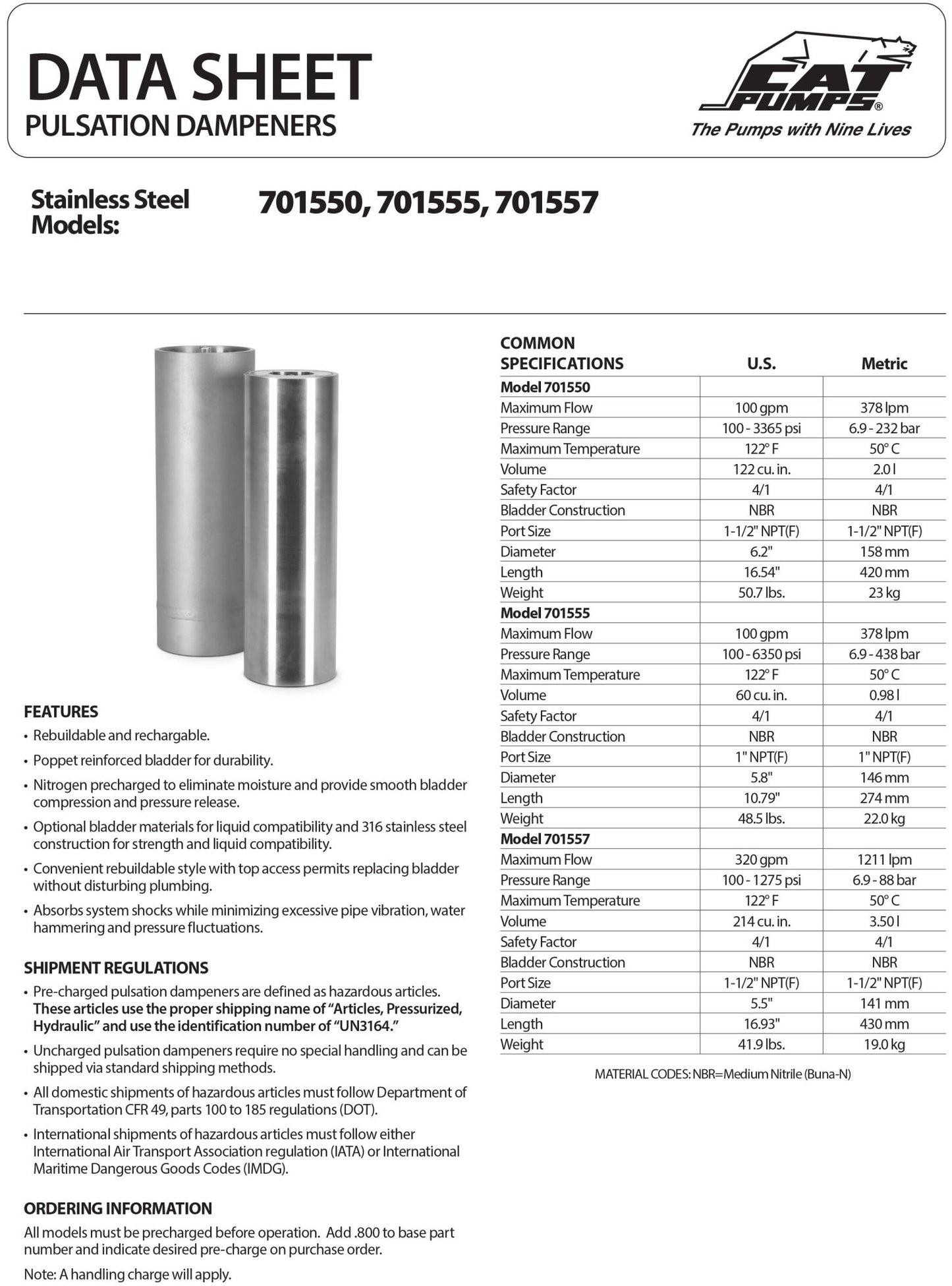 701557.800 CAT Pumps Pulsation Dampener / Accumulator , Pre - Charged / Pulse Charger , 316 Stainless Steel , Buna - N (NBR) Bladder , 320 GPM , 1275 PSI - Hydrocomponents & Technologies Inc.