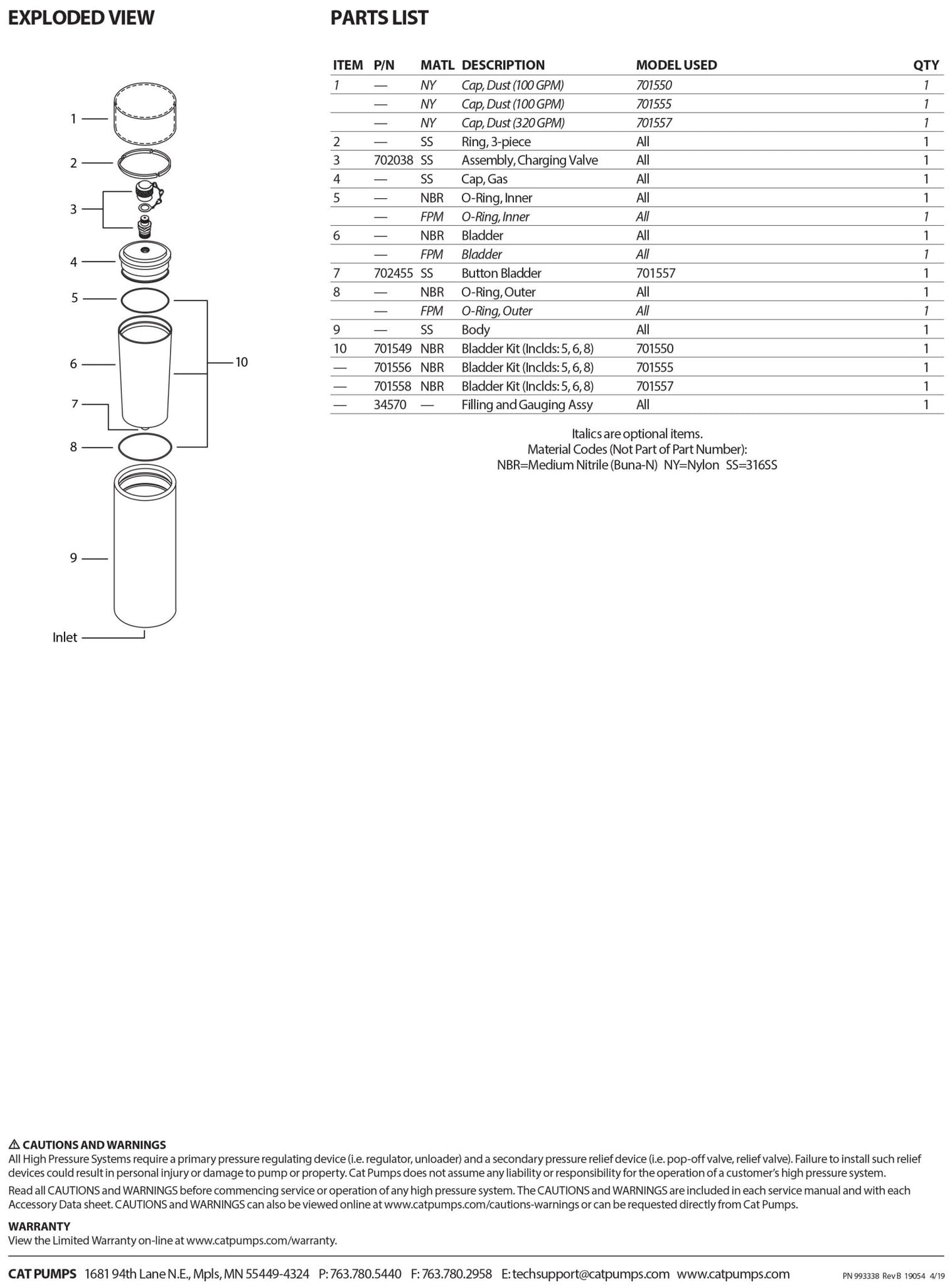 701557.800 CAT Pumps Pulsation Dampener / Accumulator , Pre - Charged / Pulse Charger , 316 Stainless Steel , Buna - N (NBR) Bladder , 320 GPM , 1275 PSI - Hydrocomponents & Technologies Inc.