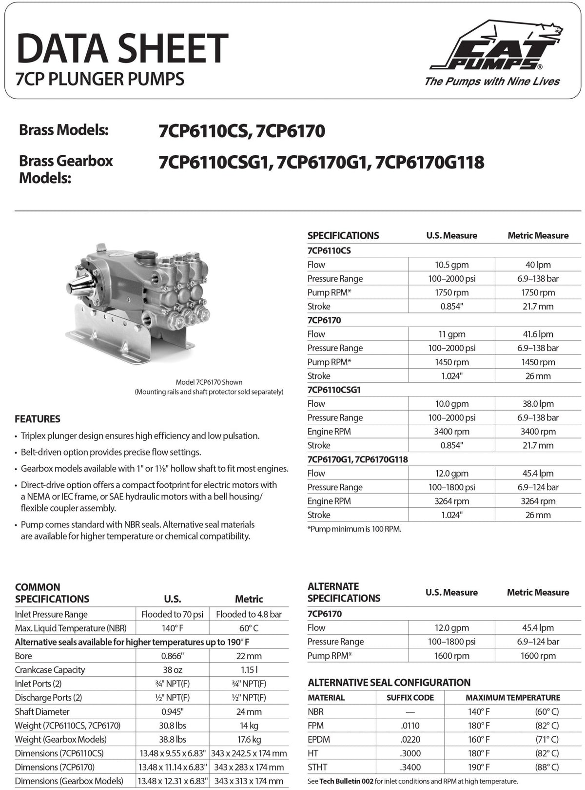7CP6110CSG1 Cat Pressure Washer Triplex Positive Displacement Pump 10 GPM 2000 PSI , Gearbox Mounts to a 1" Gas Engine Shaft , Brass Block , Buna - N O - rings and Seals - Hydrocomponents & Technologies Inc.