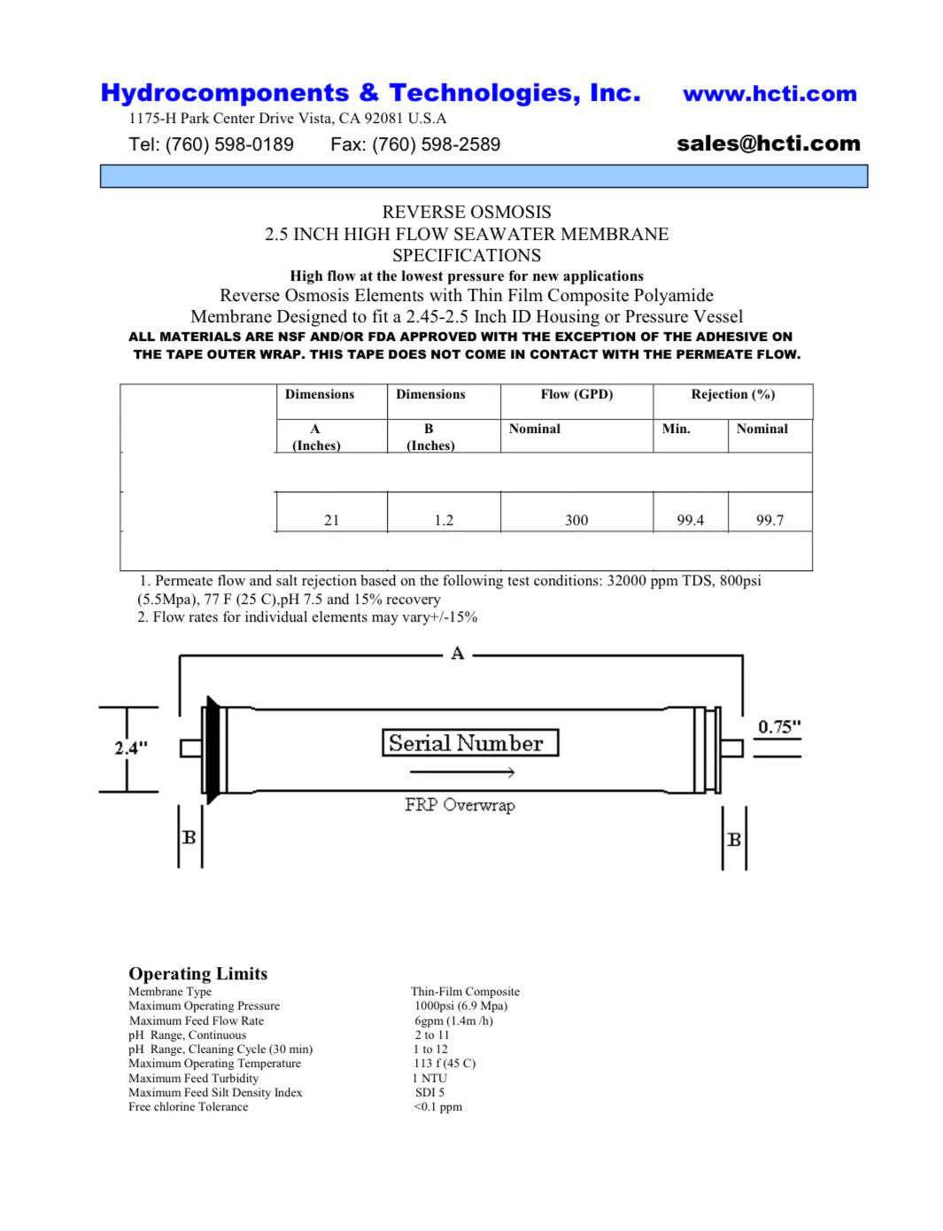 Replaces SW30 - 2521 FilmTec DOW DuPont 300 GPD at 800 PSI 2.5 x 21 inch Desalination Machine Watermaker Seawater Membranes - Hydrocomponents & Technologies Inc.