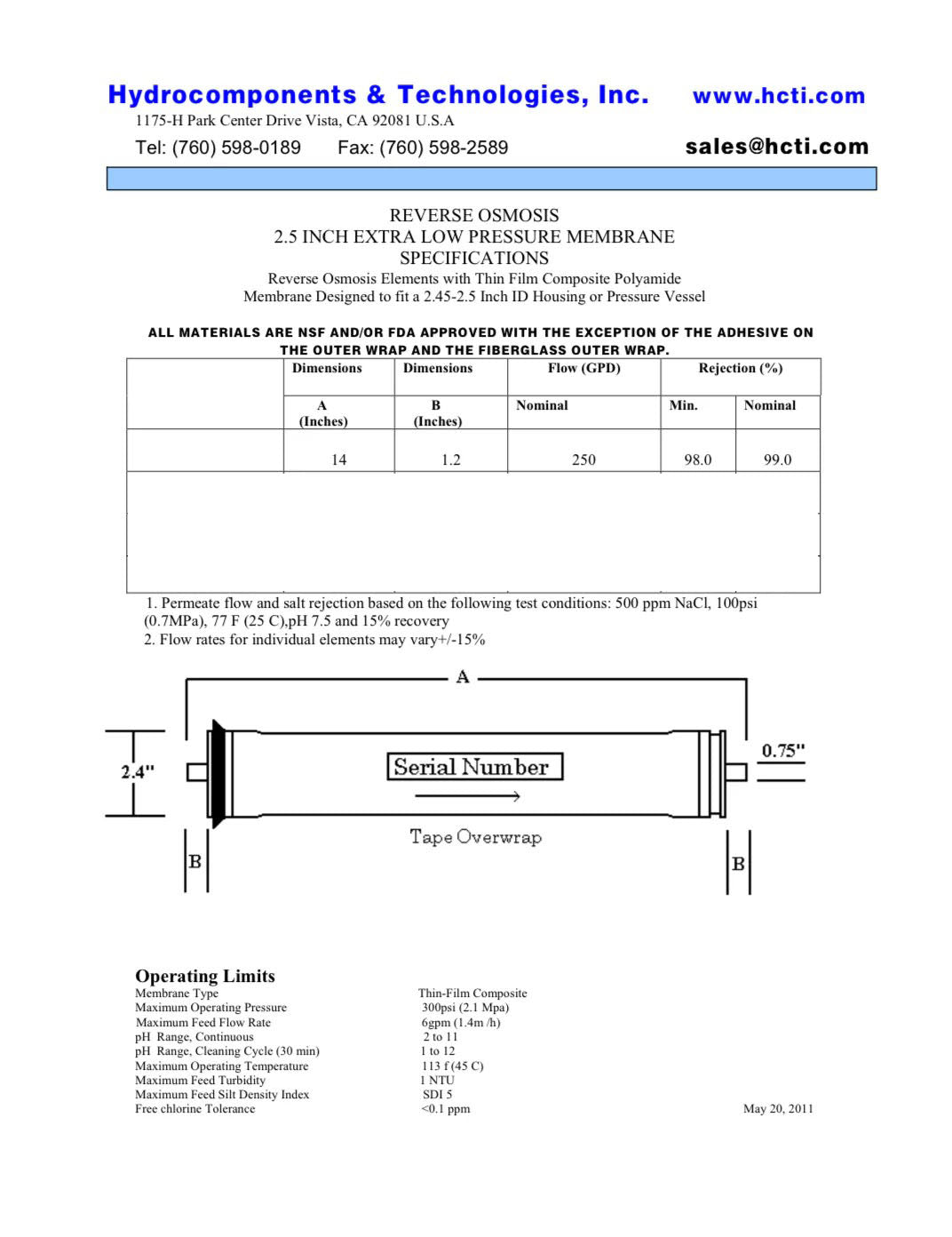 Replaces XLE - 2514 FilmTec DOW / DuPont Membranes - Hydrocomponents & Technologies Inc.