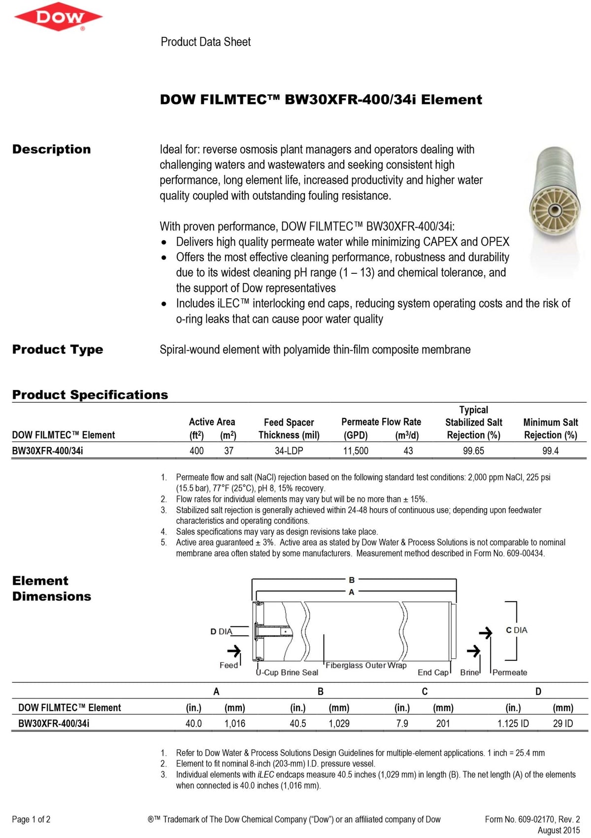 BW30XFR - 400/34i FilmTec™ DuPont / DOW Membranes - Hydrocomponents & Technologies Inc.