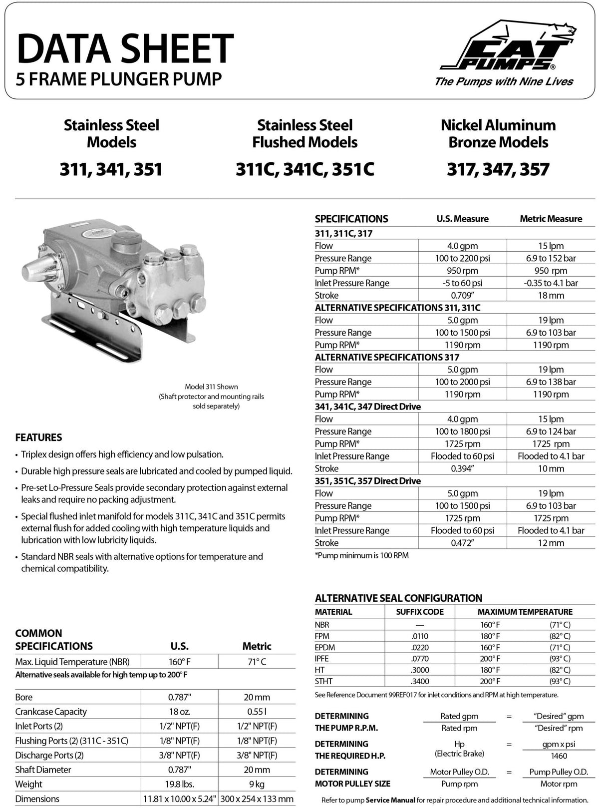 311 Cat Triplex Positive Displacement Plunger Pump 4 GPM / 15.1 LPM 2200 PSI 950 RPM Belt, Clutch, Flexible Coupling and Bellhousing Drive 316 Stainless Steel 1/2" NPT(F) Inlet Port 3/8" NPT(F) Discharge Port - Hydrocomponents & Technologies Inc.