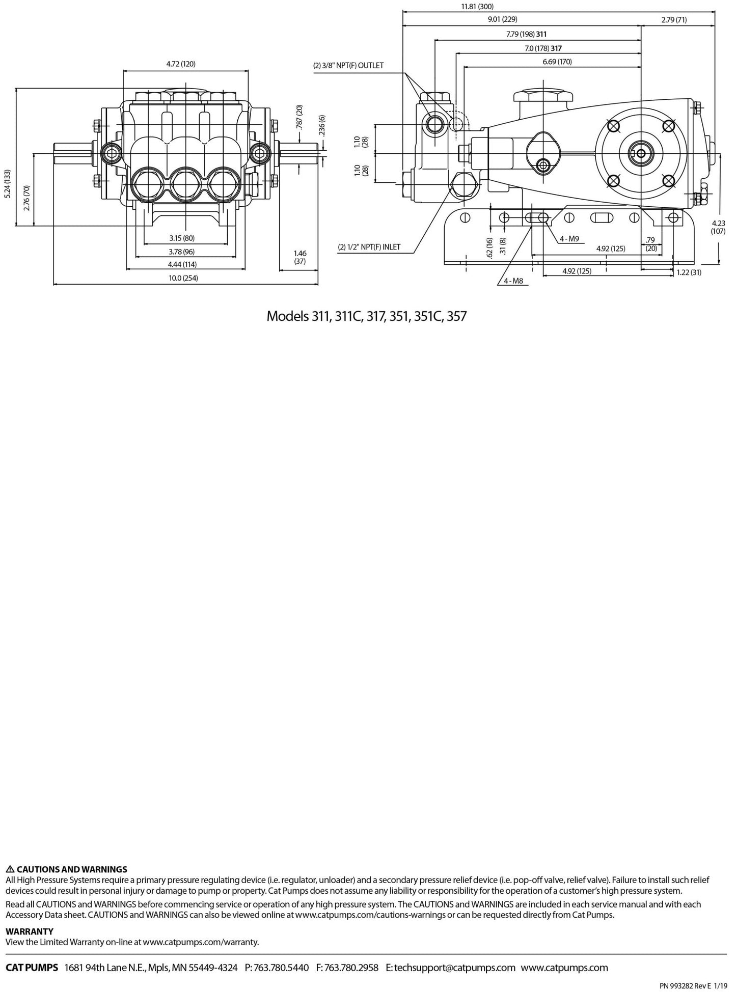 311 Cat Triplex Positive Displacement Plunger Pump 4 GPM / 15.1 LPM 2200 PSI 950 RPM Belt, Clutch, Flexible Coupling and Bellhousing Drive 316 Stainless Steel 1/2" NPT(F) Inlet Port 3/8" NPT(F) Discharge Port - Hydrocomponents & Technologies Inc.