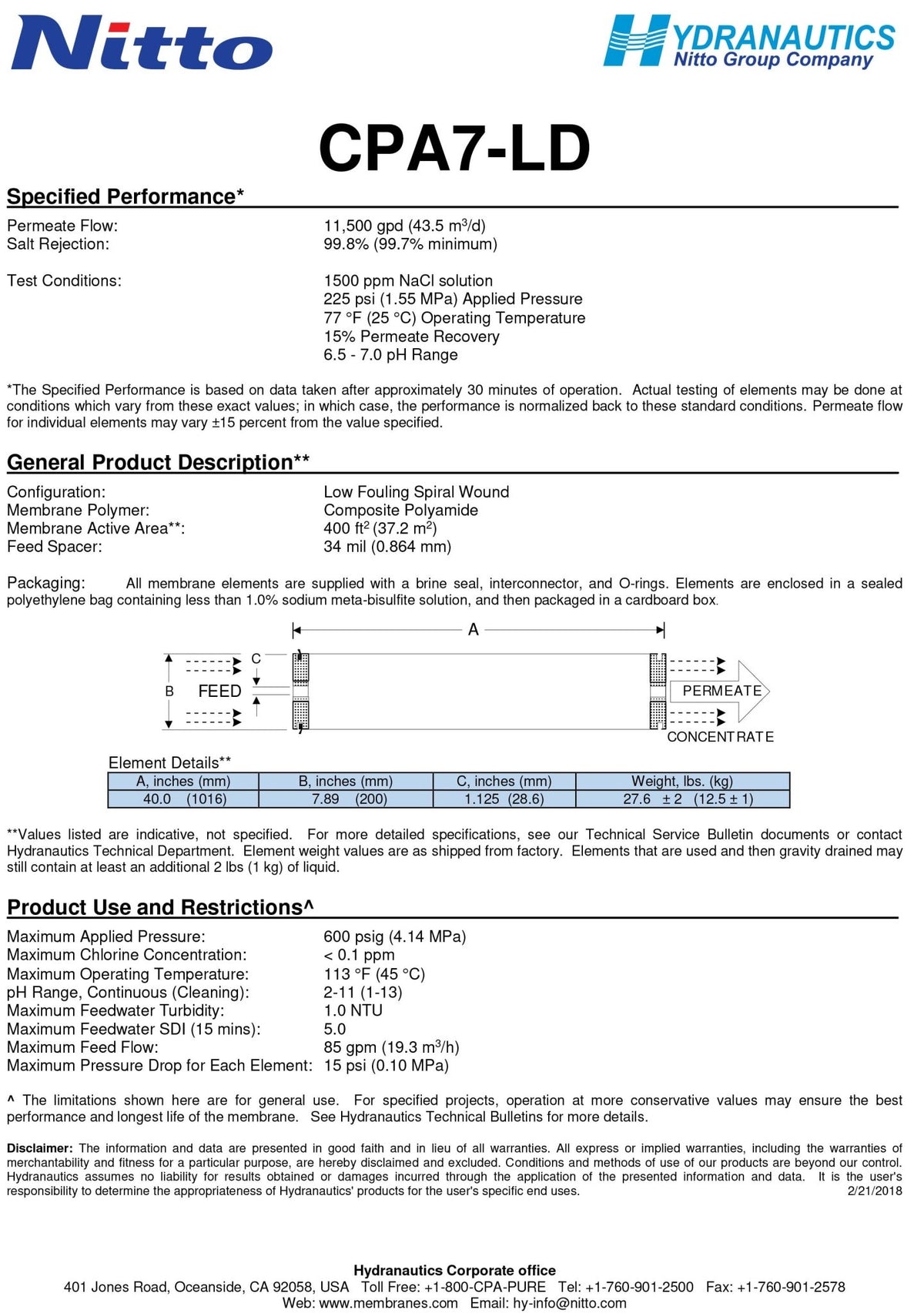 CPA7 - LD Hydranautics Nitto 8 x 40 inch 11,500 GPD at 225 PSI Membranes - Hydrocomponents & Technologies Inc.