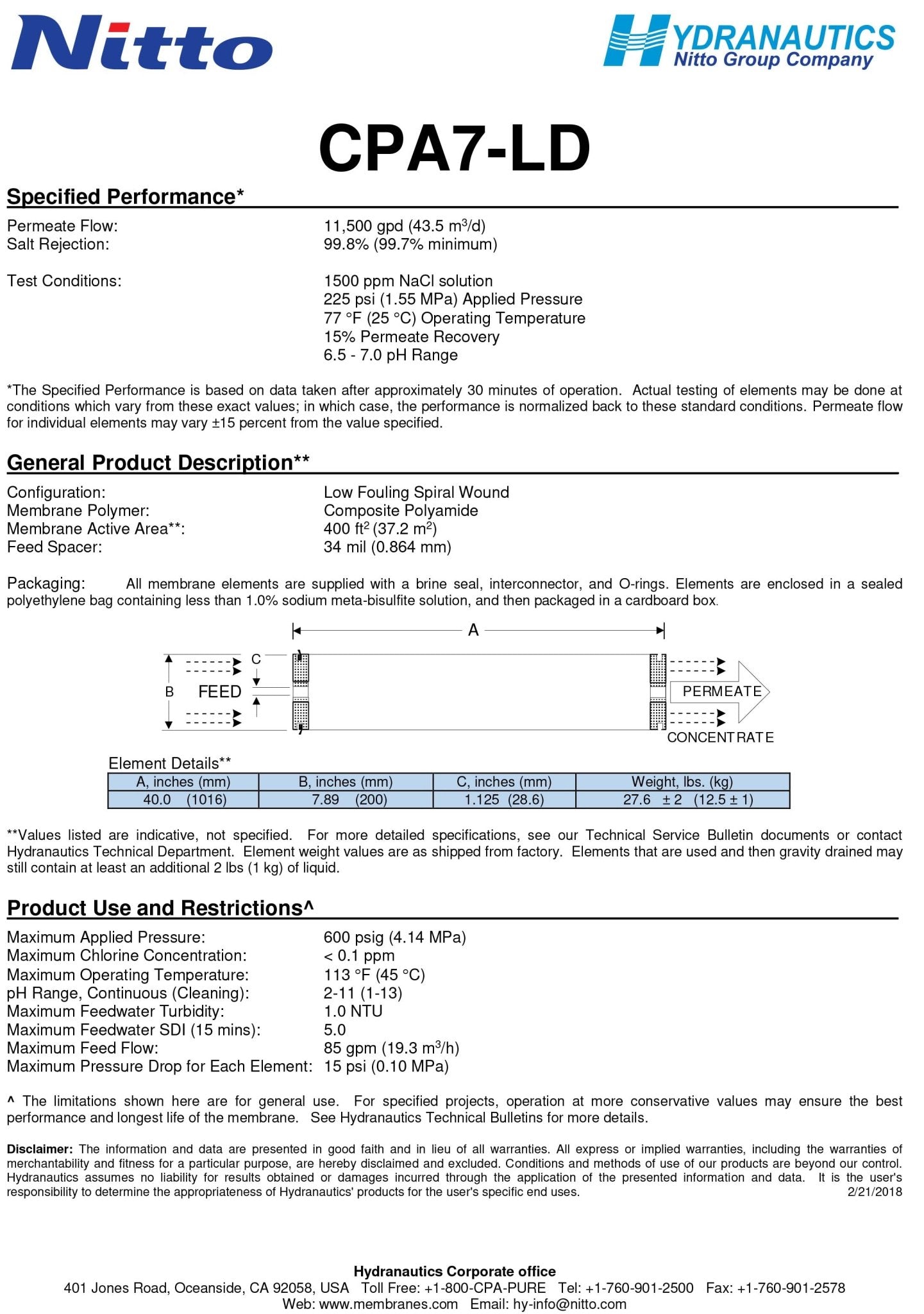 CPA7 - LD Hydranautics Nitto 8 x 40 inch 11,500 GPD at 225 PSI Membranes - Hydrocomponents & Technologies Inc.