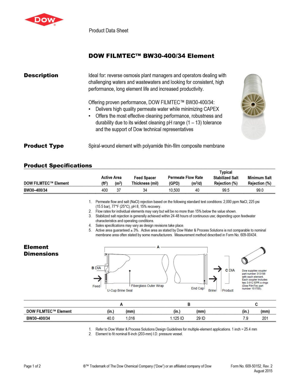 BW30 - 400/34 FilmTec™ DuPont / DOW 225 PSI 10,000 GPD 8 x 34 inch Membranes - Hydrocomponents & Technologies Inc.