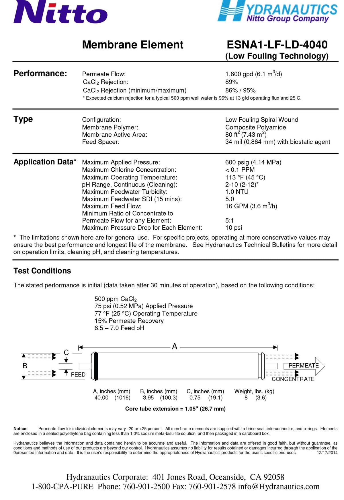 ESNA1 - LF - LD - 4040 Hydranatutics / Nitto Nano Filtration 75 PSI 1,900 GPD 4 x 40 inch Membrane - Hydrocomponents & Technologies Inc.