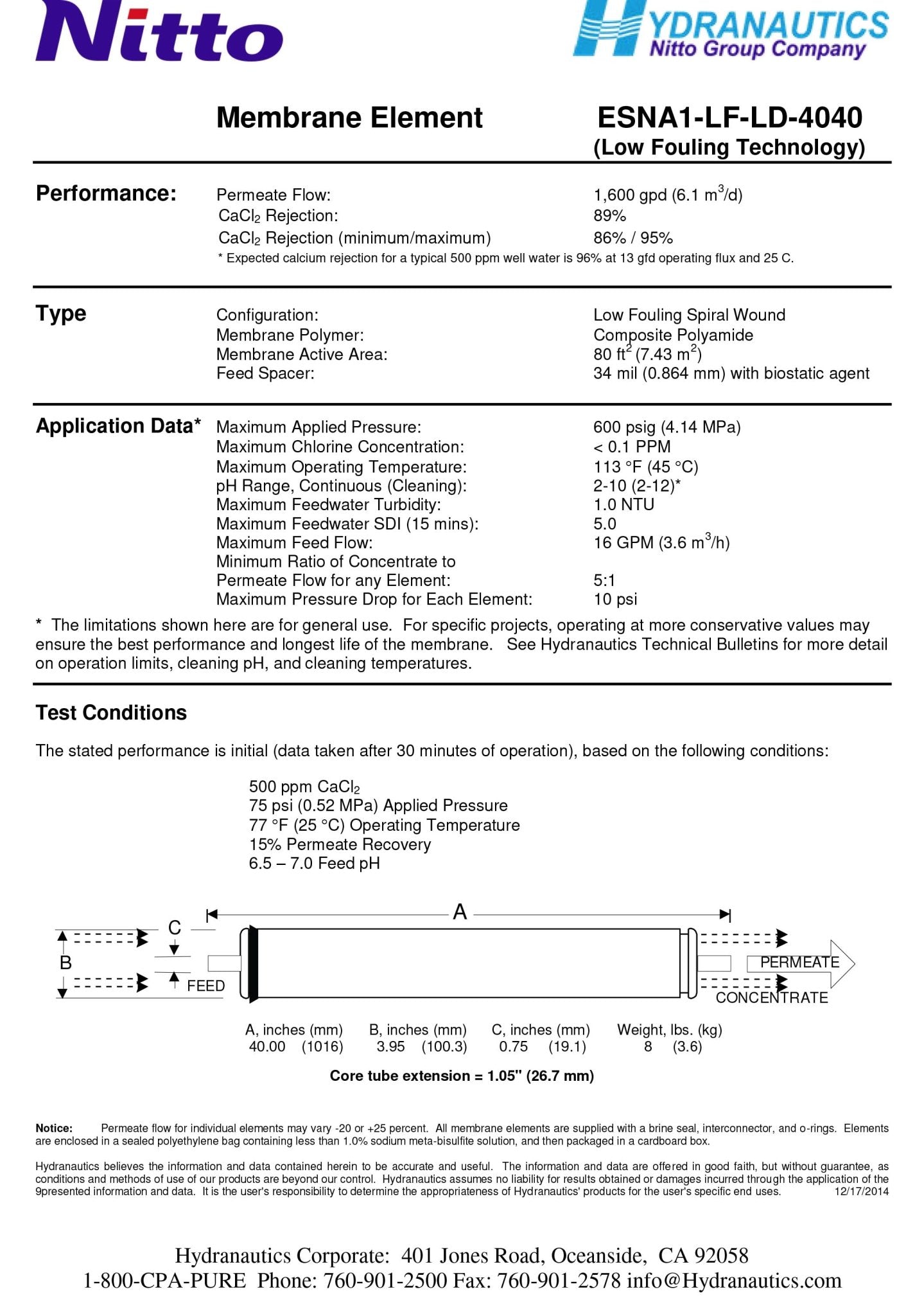 ESNA1 - LF - LD - 4040 Hydranatutics / Nitto Nano Filtration 75 PSI 1,900 GPD 4 x 40 inch Membrane - Hydrocomponents & Technologies Inc.