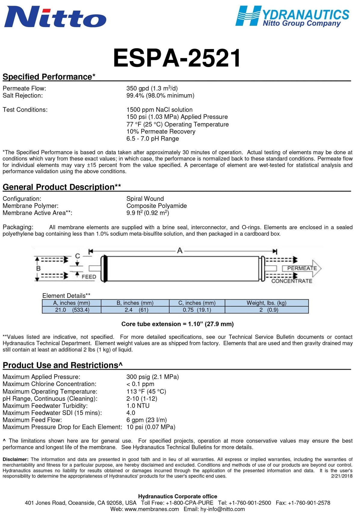 ESPA - 2521 Hydranautics Nitto Membranes - Hydrocomponents & Technologies Inc.