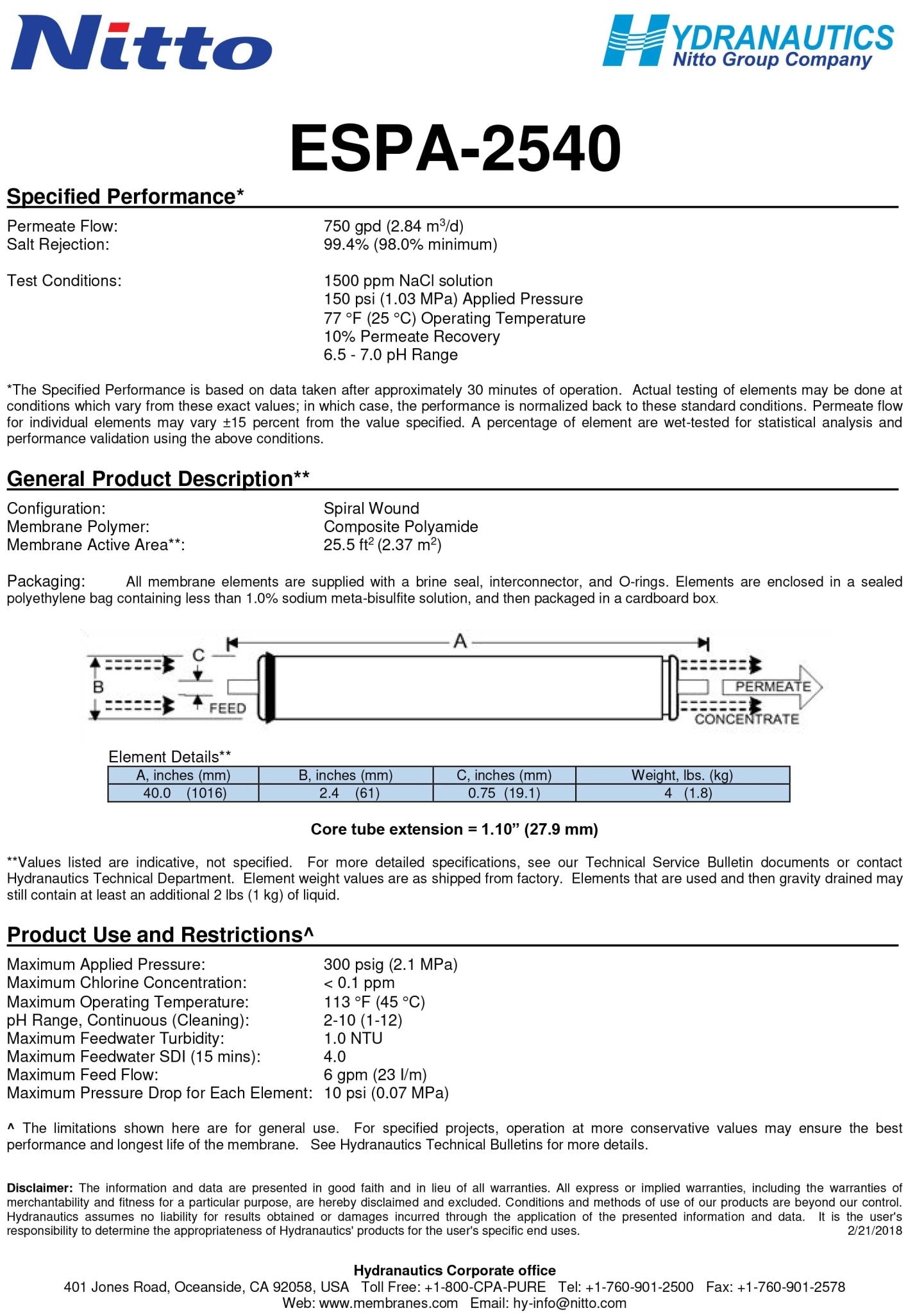 ESPA - 2540 Hydranautics / Nitto 600 GPD at 150 PSI 2.5 x 40 inch Membranes - Hydrocomponents & Technologies Inc.