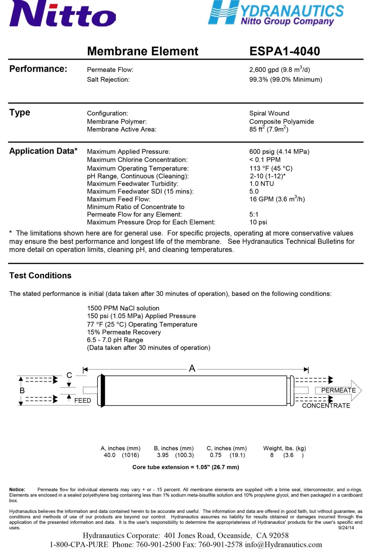 ESPA1 - 4040 Hydranautics Nitto Membranes - Hydrocomponents & Technologies Inc.