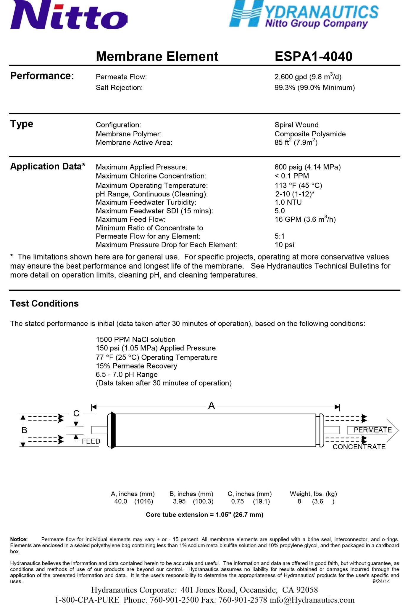 ESPA1 - 4040 Hydranautics Nitto Membranes - Hydrocomponents & Technologies Inc.