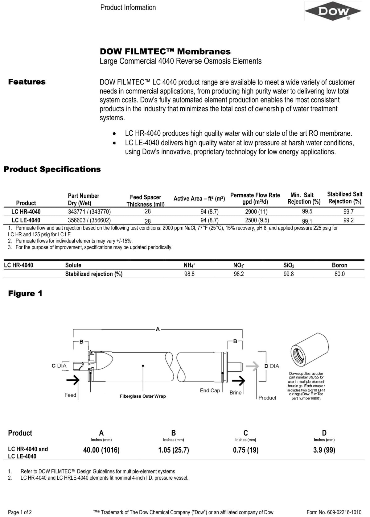 LC HR - 4040 FilmTec™ DOW / DuPont 225 PSI 2,600 GPD 4 x 40 inch Membranes - Hydrocomponents & Technologies Inc.