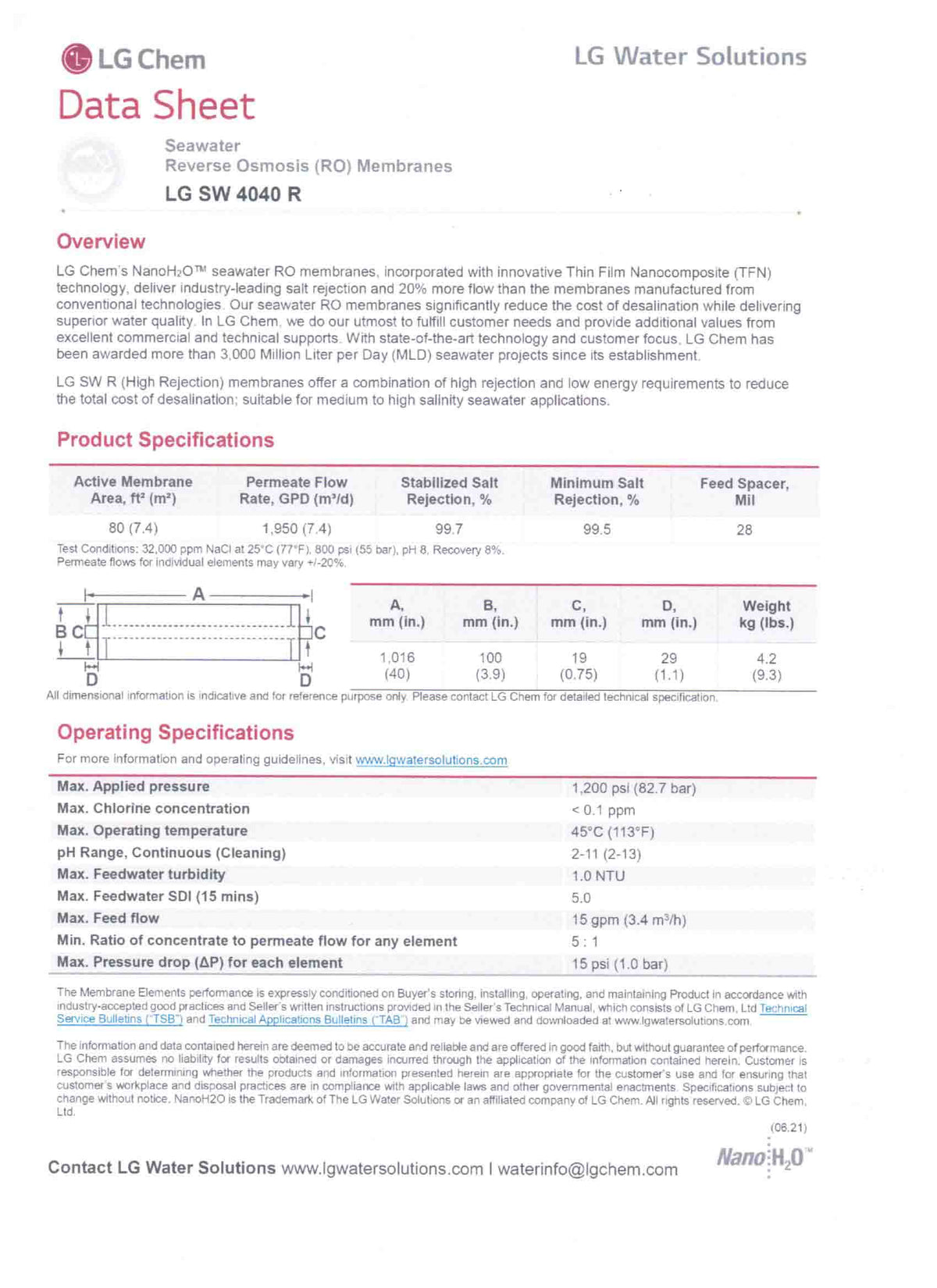 LG SW 4040 R 1,950 GPD at 800 PSI 4 x 40 inch Desalination Machine Watermaker Seawater High Rejection LG Chem Water Solutions Membranes - Hydrocomponents & Technologies Inc.