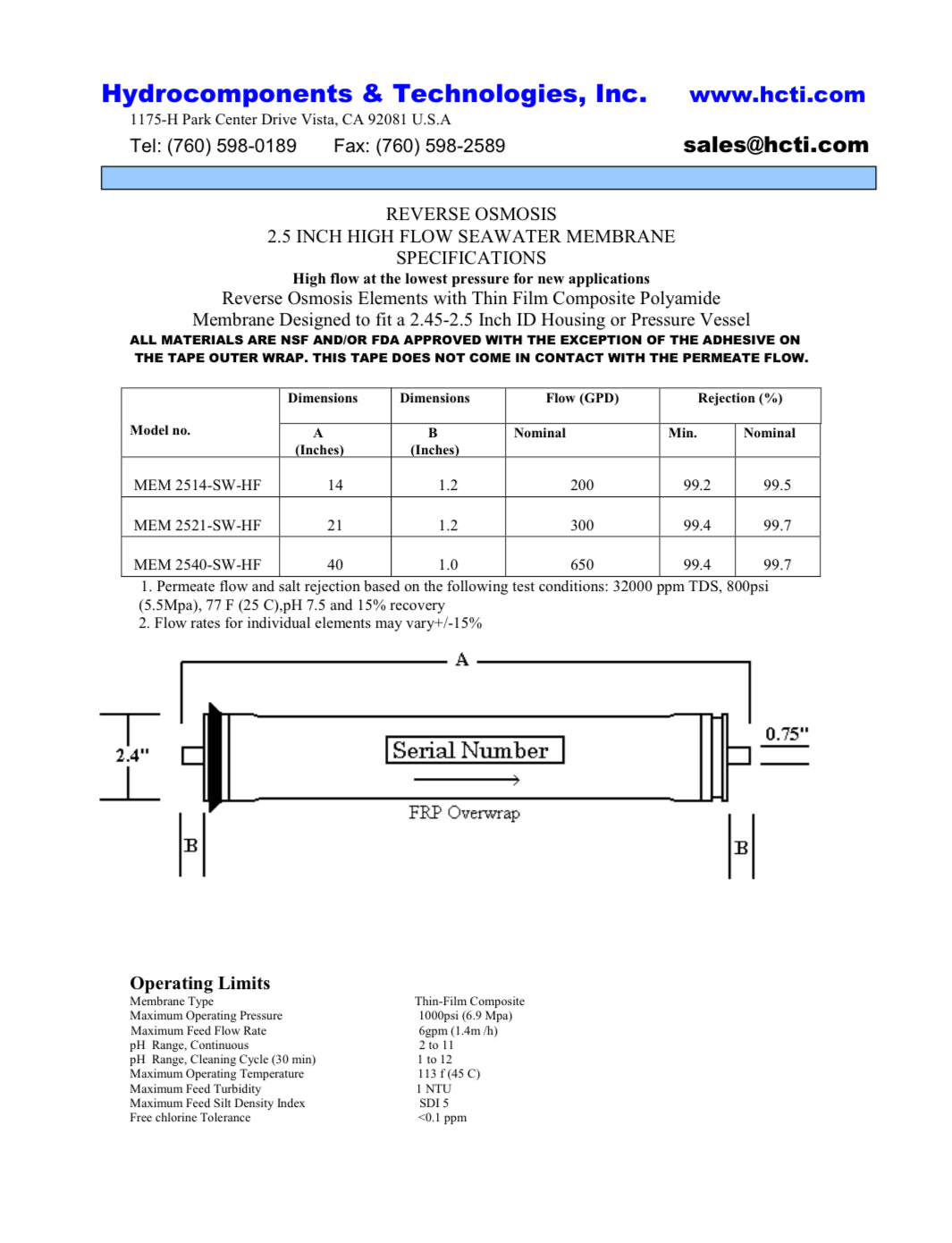 2.5 x 14 inch Desalination Machine Watermaker Kit 150 GPD Membrane 1000 PSI Housing - Hydrocomponents & Technologies Inc.