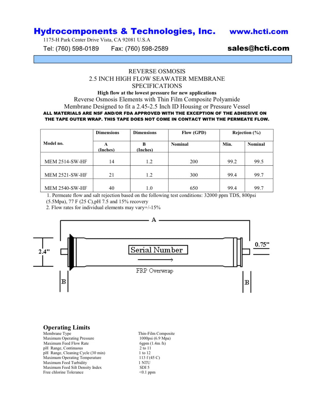 MEM-2514SW-HF HCTI 150 GPD at 800 PSI 2.5 x 14 inch Membranes