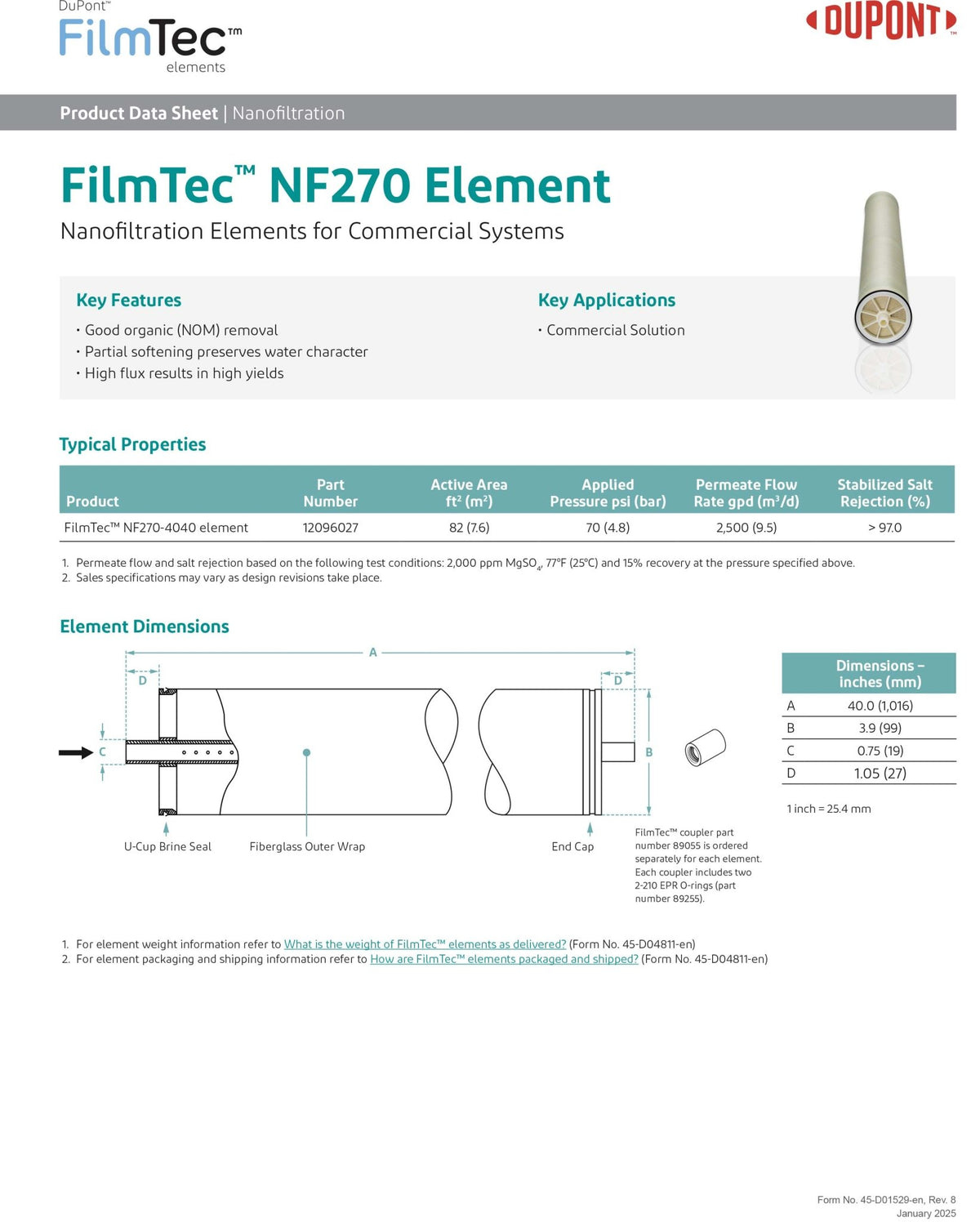 NF270 - 4040 FilmTec™ DuPont / DOW Nanofiltration Membranes - Hydrocomponents & Technologies Inc.