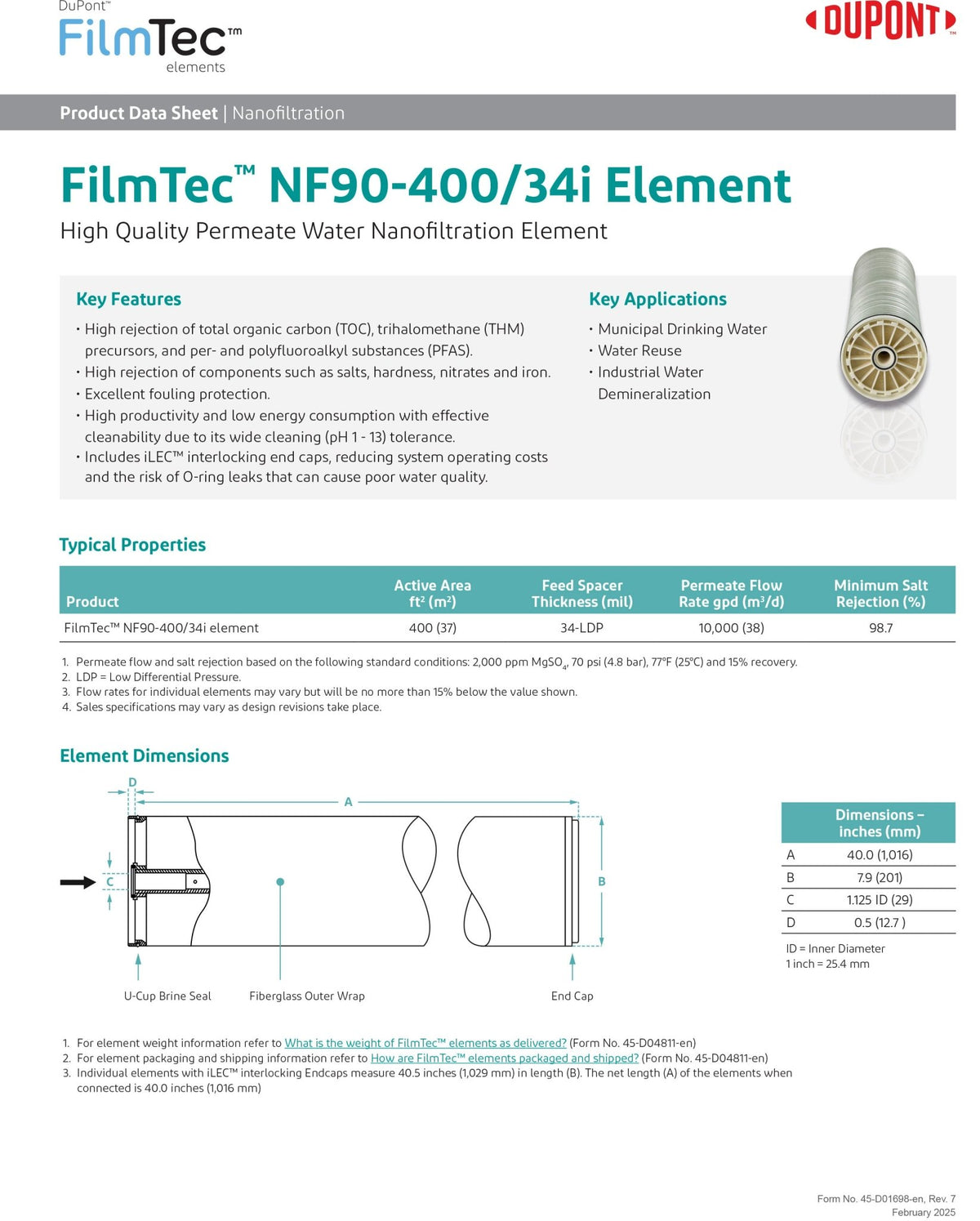 NF90 - 400/34i FilmTec™ DOW / DuPont Nanofiltration 10,000 GPD at 70 PSI 8 x 40 inch Membranes - Hydrocomponents & Technologies Inc.