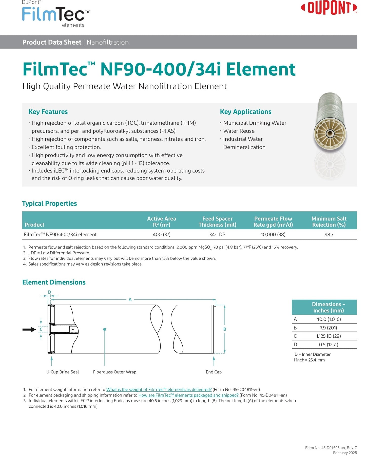 NF90 - 400/34i FilmTec™ DOW / DuPont Nanofiltration 10,000 GPD at 70 PSI 8 x 40 inch Membranes - Hydrocomponents & Technologies Inc.