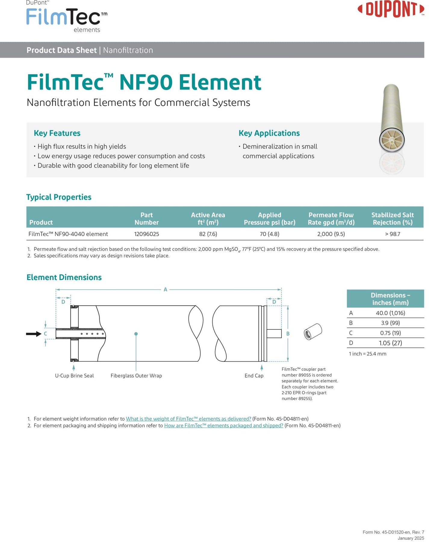 NF90 - 4040 FilmTec™ DOW / DuPont Nanofiltration 2,000 GPD at 70 PSI 4 x 40 inch Membranes - Hydrocomponents & Technologies Inc.