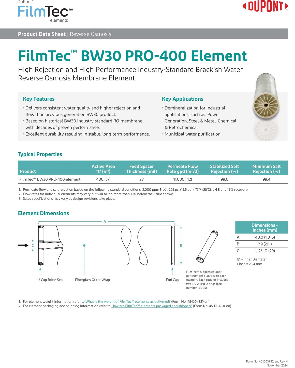 BW30 PRO - 400 FilmTec™ DOW / DuPont 225 PSI 11,000 GPD 8 x 40 inch Membranes - Hydrocomponents & Technologies Inc.