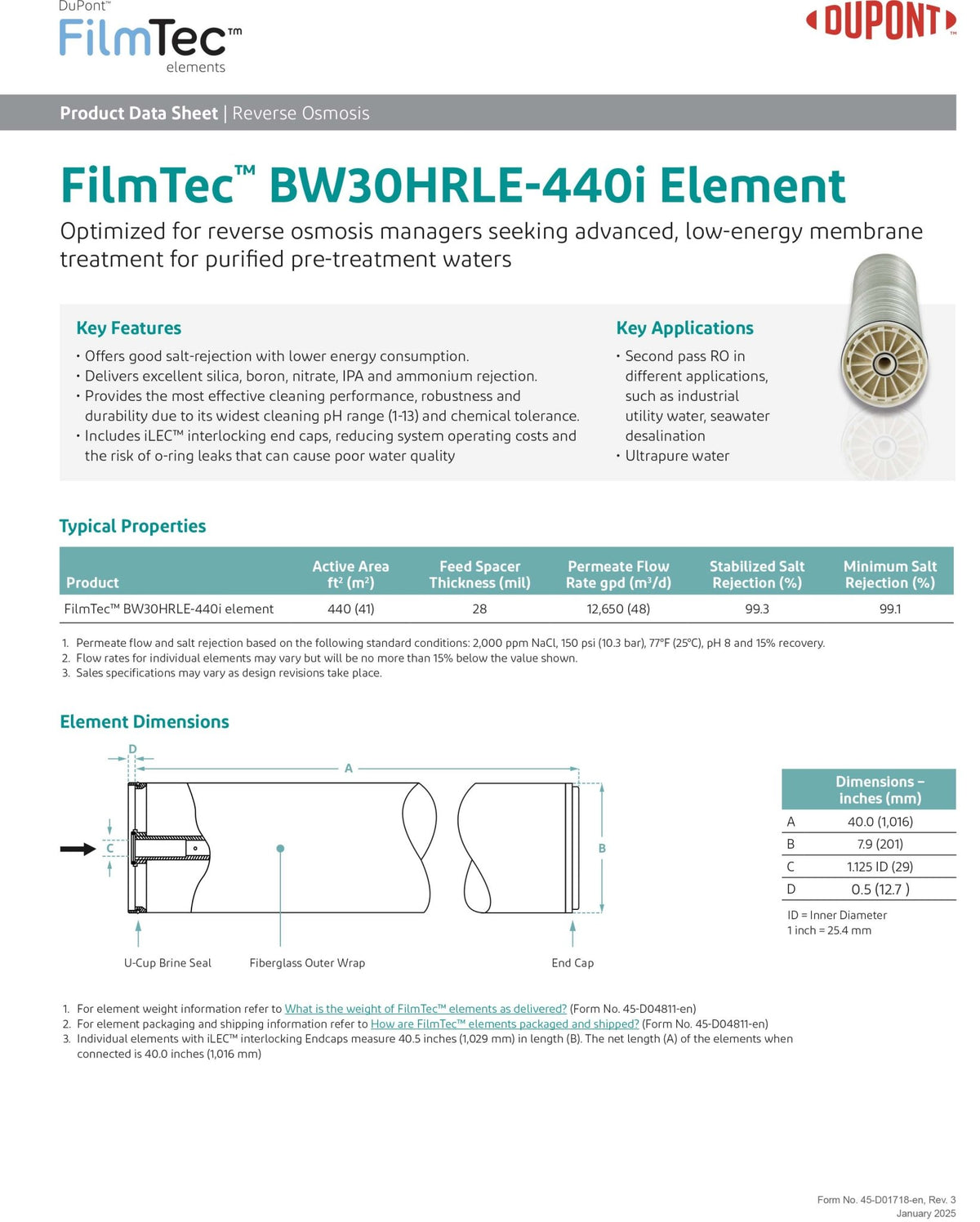 BW30HRLE - 440i FilmTec™ DOW / DuPont 150 PSI at 12,650 GPD 8 x 40 inch Brackish Water Membranes - Hydrocomponents & Technologies Inc.
