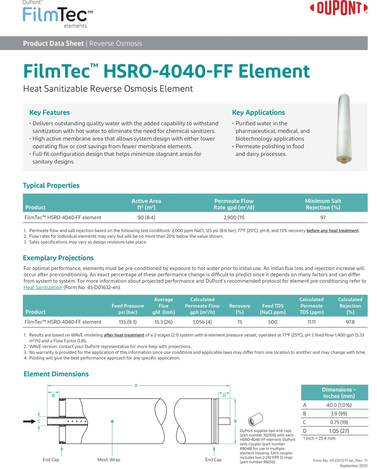 HSRO - 4040 - FF FilmTec™ DOW / DuPont 225 PSI 2,400 GPD 4 x 40 inch Membranes - Hydrocomponents & Technologies Inc.