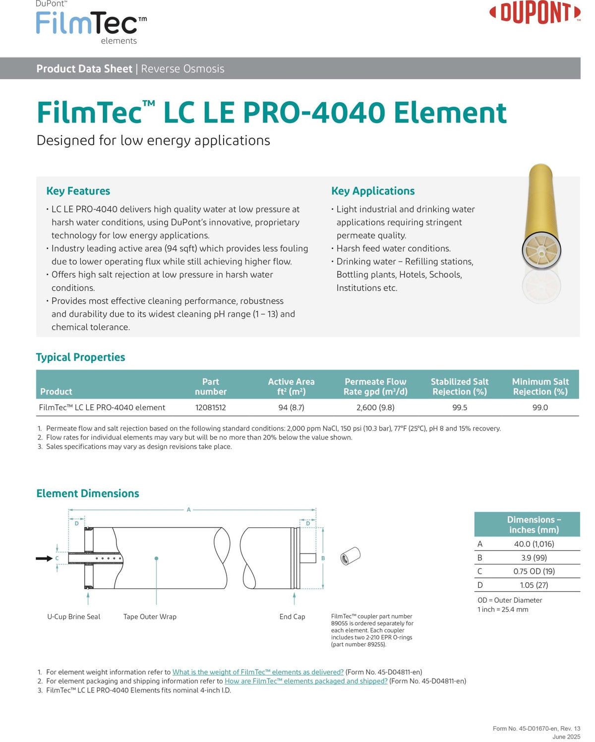 LC LE PRO - 4040 FilmTec™ DuPont / DOW Membranes - Hydrocomponents & Technologies Inc.