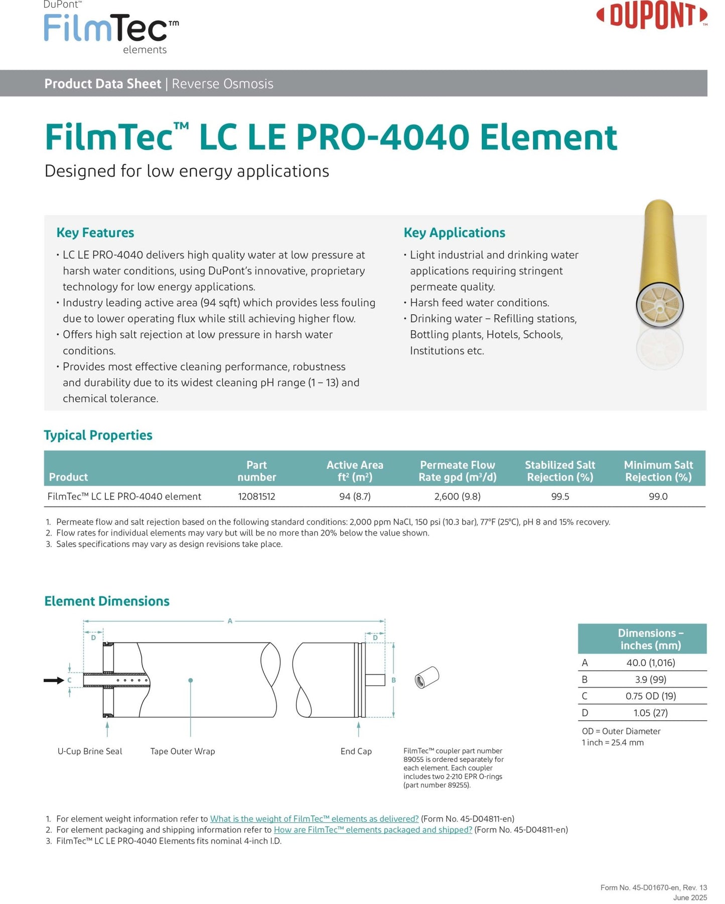 LC LE PRO - 4040 FilmTec™ DuPont / DOW Membranes - Hydrocomponents & Technologies Inc.
