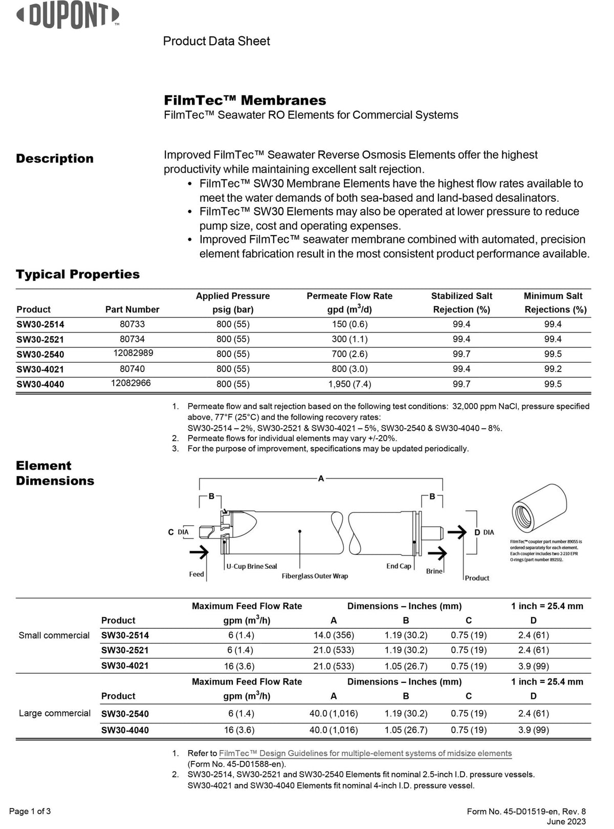 SW30 - 2540 FilmTec™ DuPont / DOW Desalination Machine Watermaker Seawater Membranes - Hydrocomponents & Technologies Inc.