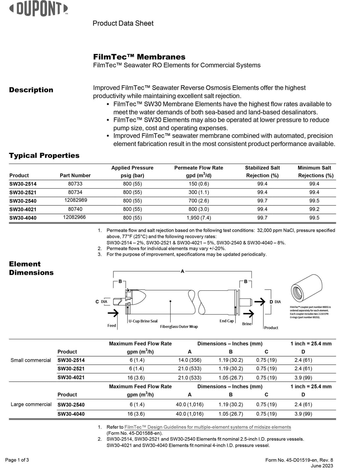 SW30 - 2540 FilmTec™ DuPont / DOW Desalination Machine Watermaker Seawater Membranes - Hydrocomponents & Technologies Inc.