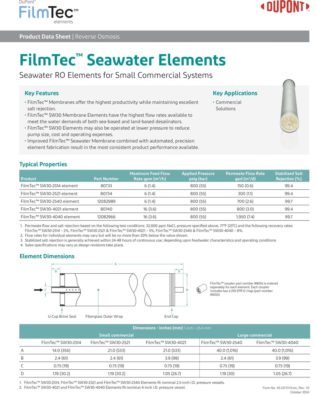 SW30 - 2521 FilmTec™ DuPont / DOW Desalination Machine Watermaker Seawater Membranes - Hydrocomponents & Technologies Inc.
