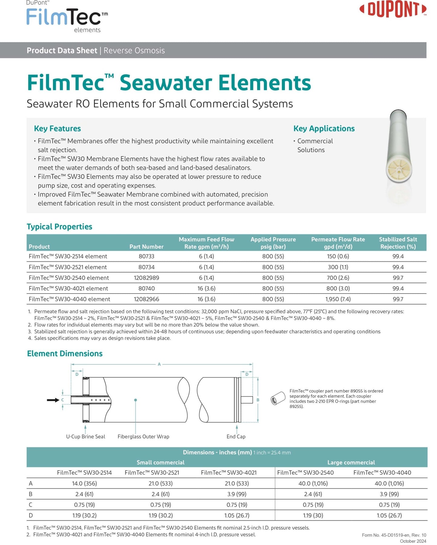 SW30 - 2521 FilmTec™ DuPont / DOW Desalination Machine Watermaker Seawater Membranes - Hydrocomponents & Technologies Inc.
