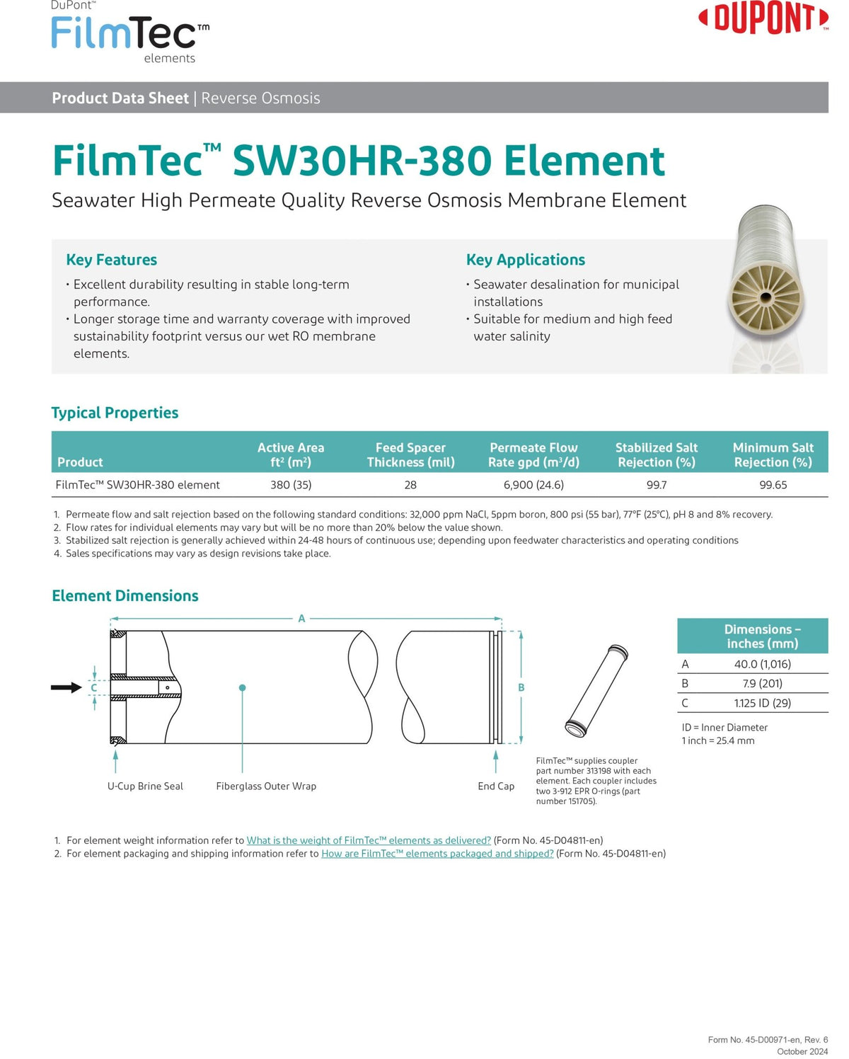 SW30HR - 380 FilmTec DOW / DuPont Desalination Machine Watermaker Membranes 6,500 GPD at 800 PSI - Hydrocomponents & Technologies Inc.