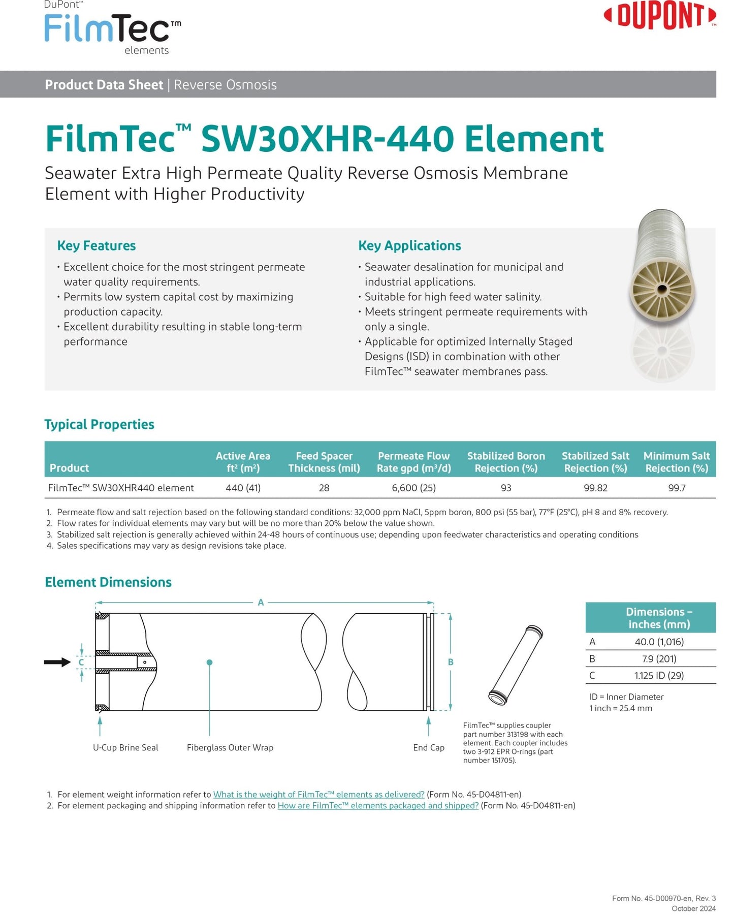 SW30XHR - 440 FilmTec DOW / DuPont 6,600 GPD at 800 PSI 8 x 40 inch Membranes - Hydrocomponents & Technologies Inc.
