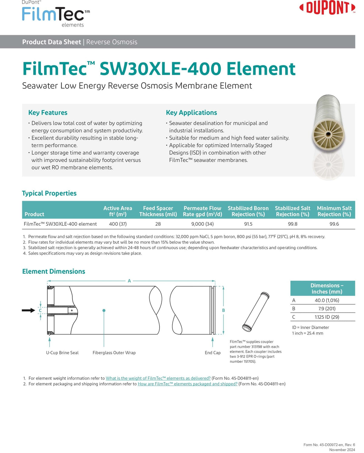 SW30XLE - 400 FilmTec™ DOW / DuPont 9,000 GPD at 800 PSI 8 x 40 inch Desalination Machine Watermaker Seawater Membranes - Hydrocomponents & Technologies Inc.