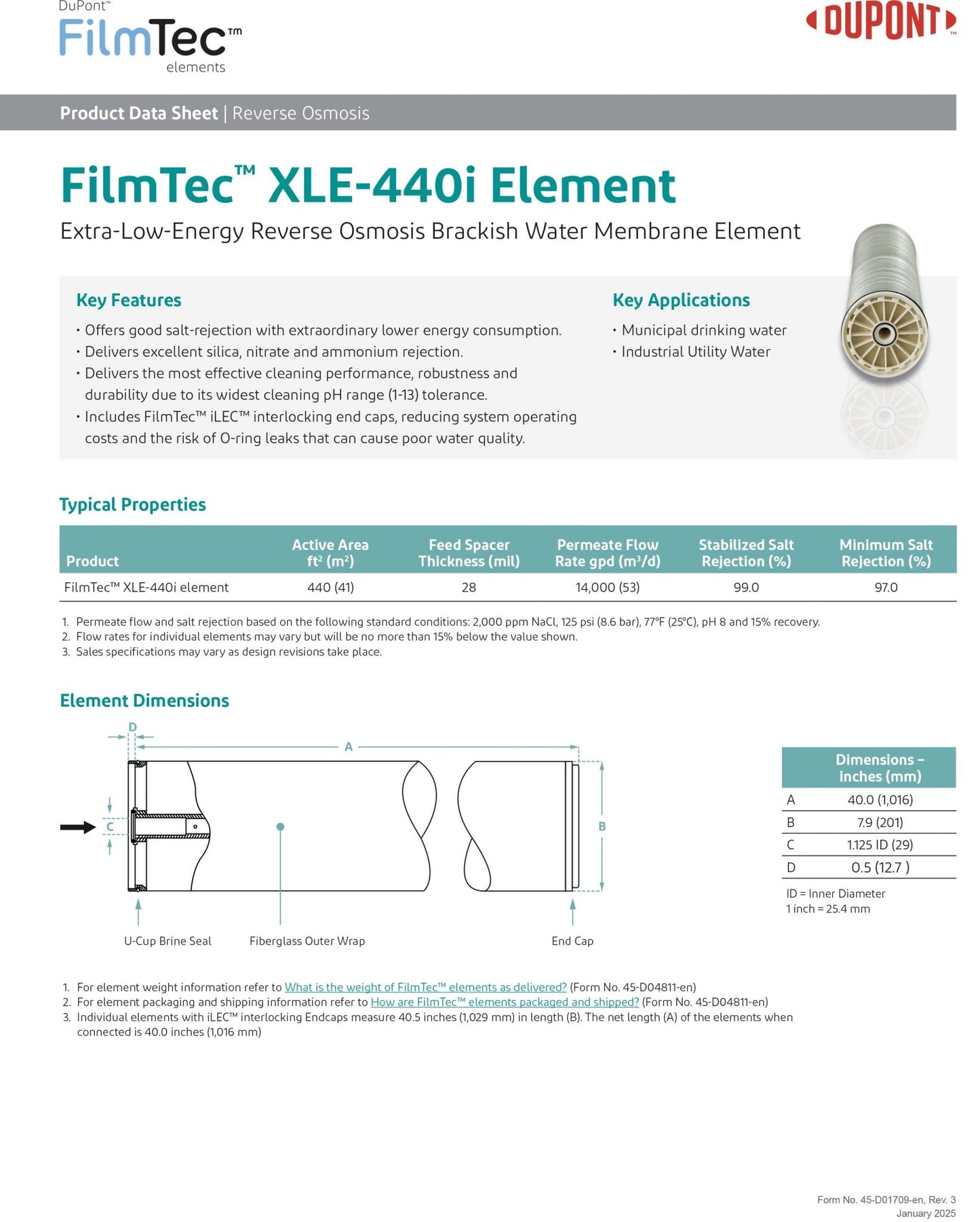 XLE - 440i FilmTec™ DOW / DuPont 600 PSI 14,000 GPD 8 x 40 inch Membranes - Hydrocomponents & Technologies Inc.