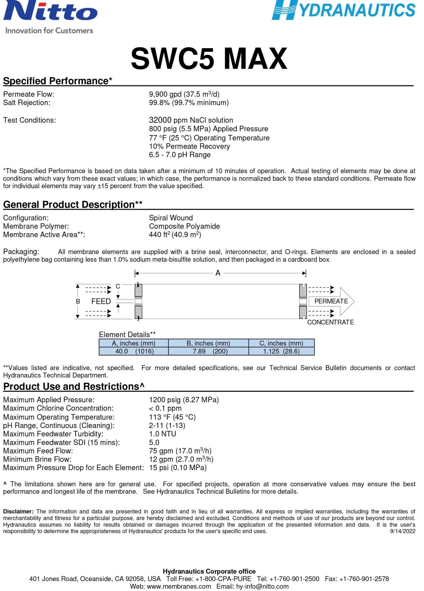 SWC5 MAX Hydranautics Nitto 9,900 GPD at 800 PSI 8 x 40 inch Membranes - Hydrocomponents & Technologies Inc.