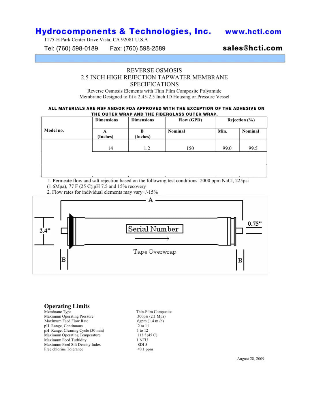Replaces AG2521TF Desal / Osmonics / GE / Suez / Veolia 300 GPD at 205 PSI 2.5 x 21 inch Membranes - Hydrocomponents & Technologies Inc.