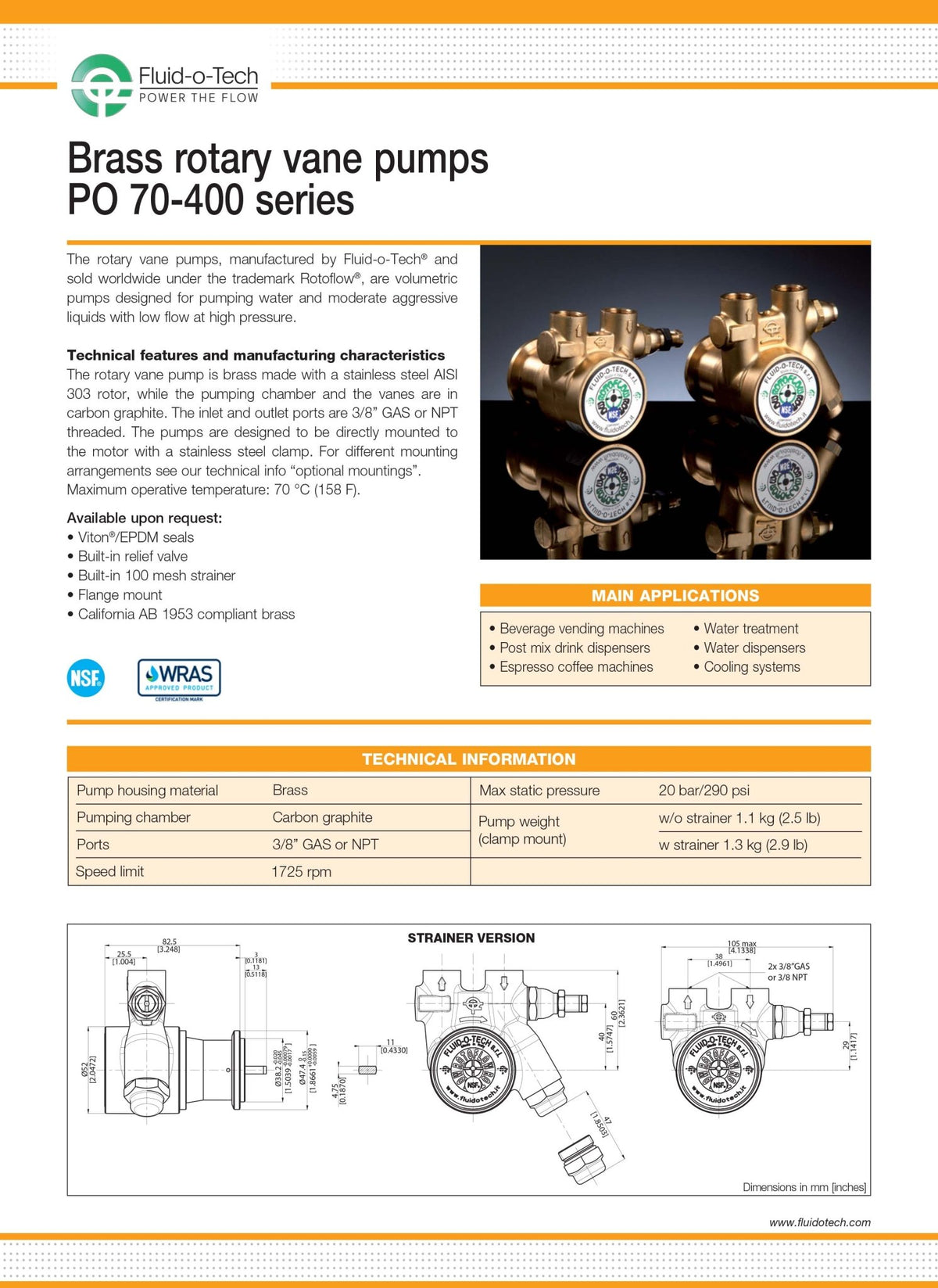 PA0251ANCNN0000 Fluid - o - Tech 90 GPH 1.50 GPM Standard Bypass Compact Brass Rotary Vane Pump - Hydrocomponents & Technologies Inc.