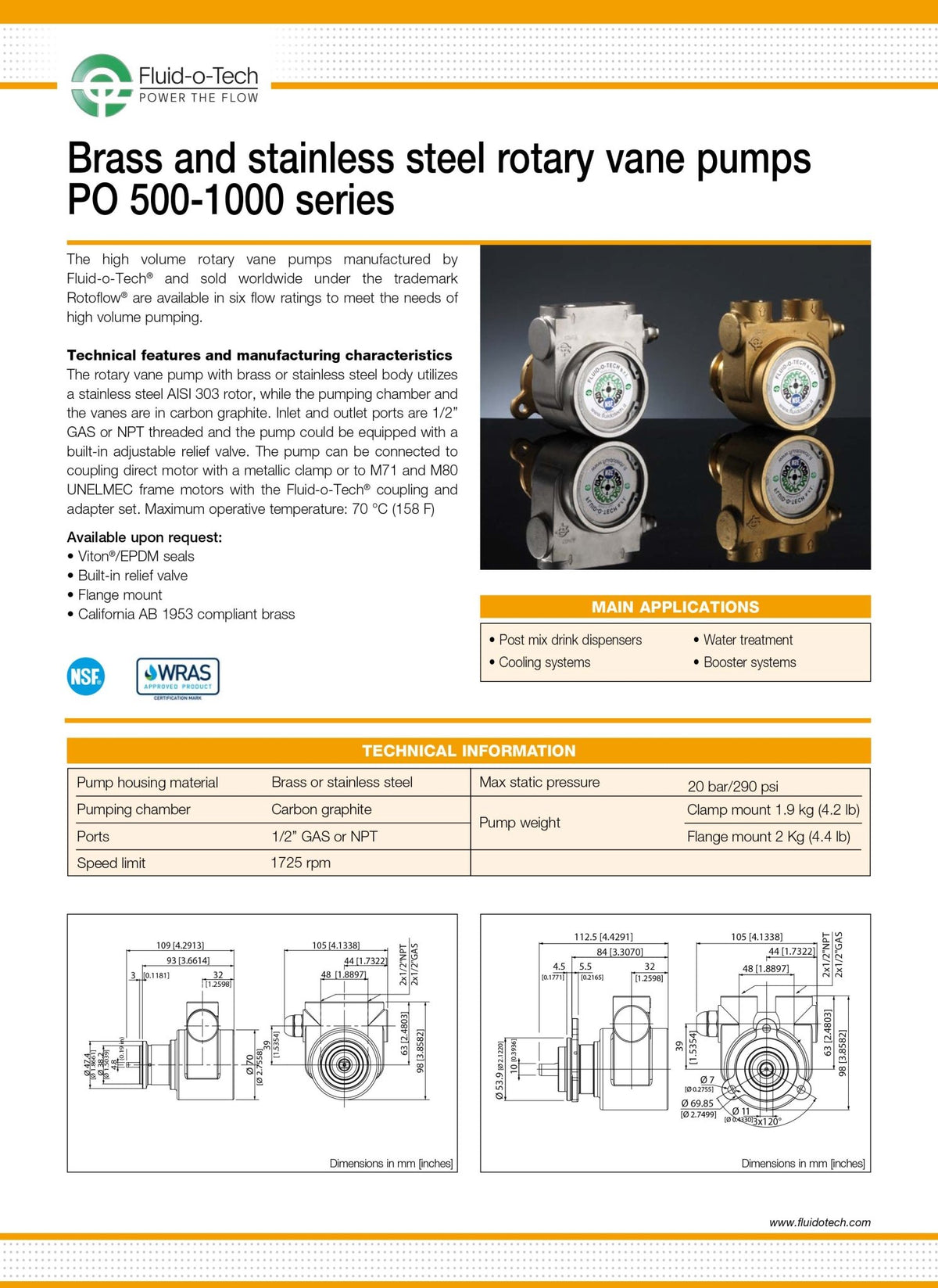 PA0500AN0NN4700 Fluid - o - Tech 165 GPH 2.75 GPM No Bypass High Volume Brass Rotary Vane Pump - Hydrocomponents & Technologies Inc.